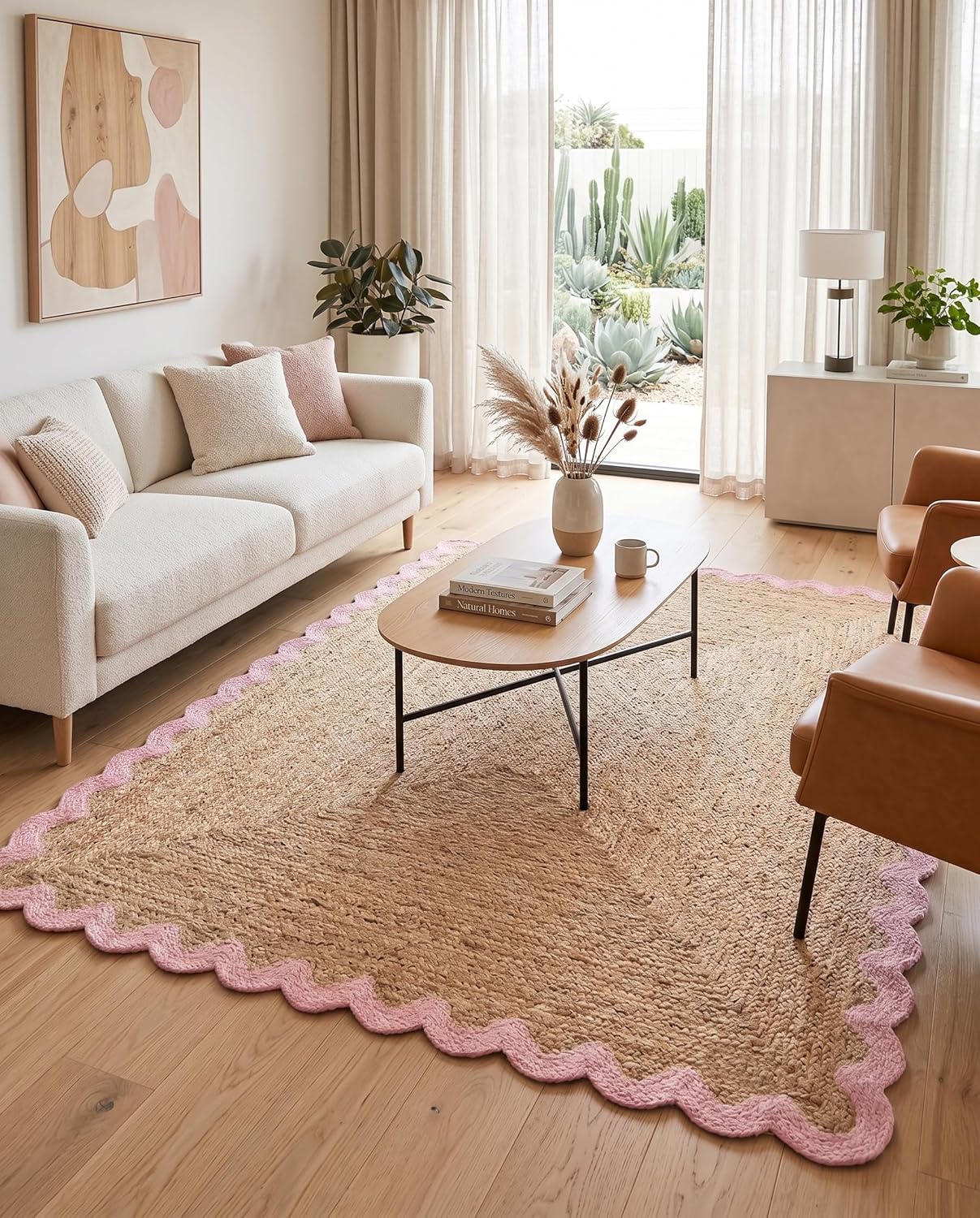 Handwoven Jute Rug with Scalloped Border, Natural Fiber Indoor Rug