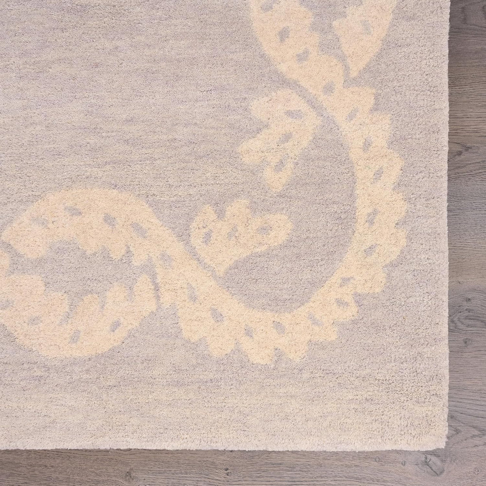 Hand-Tufted Wool Rug - Intricate White Vine Border Carpet