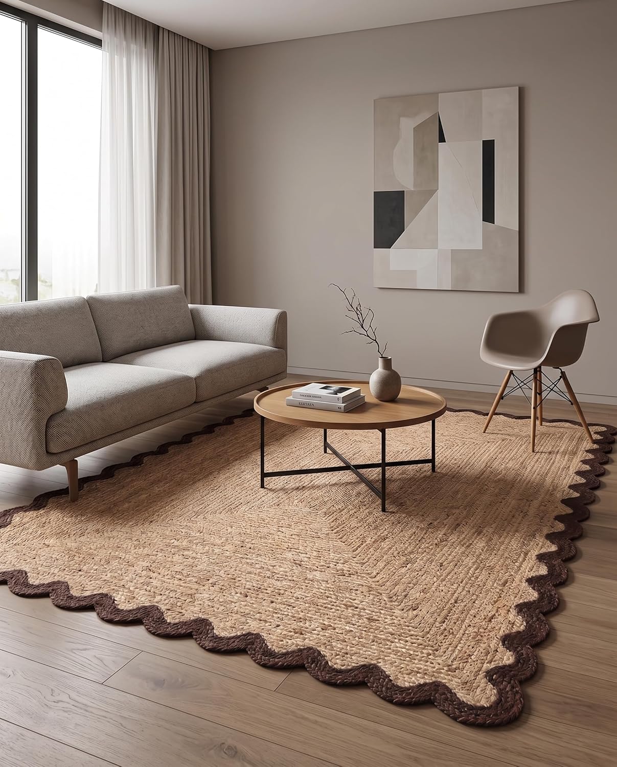 Handwoven Jute Rug with Scalloped Border, Natural Fiber Indoor Rug