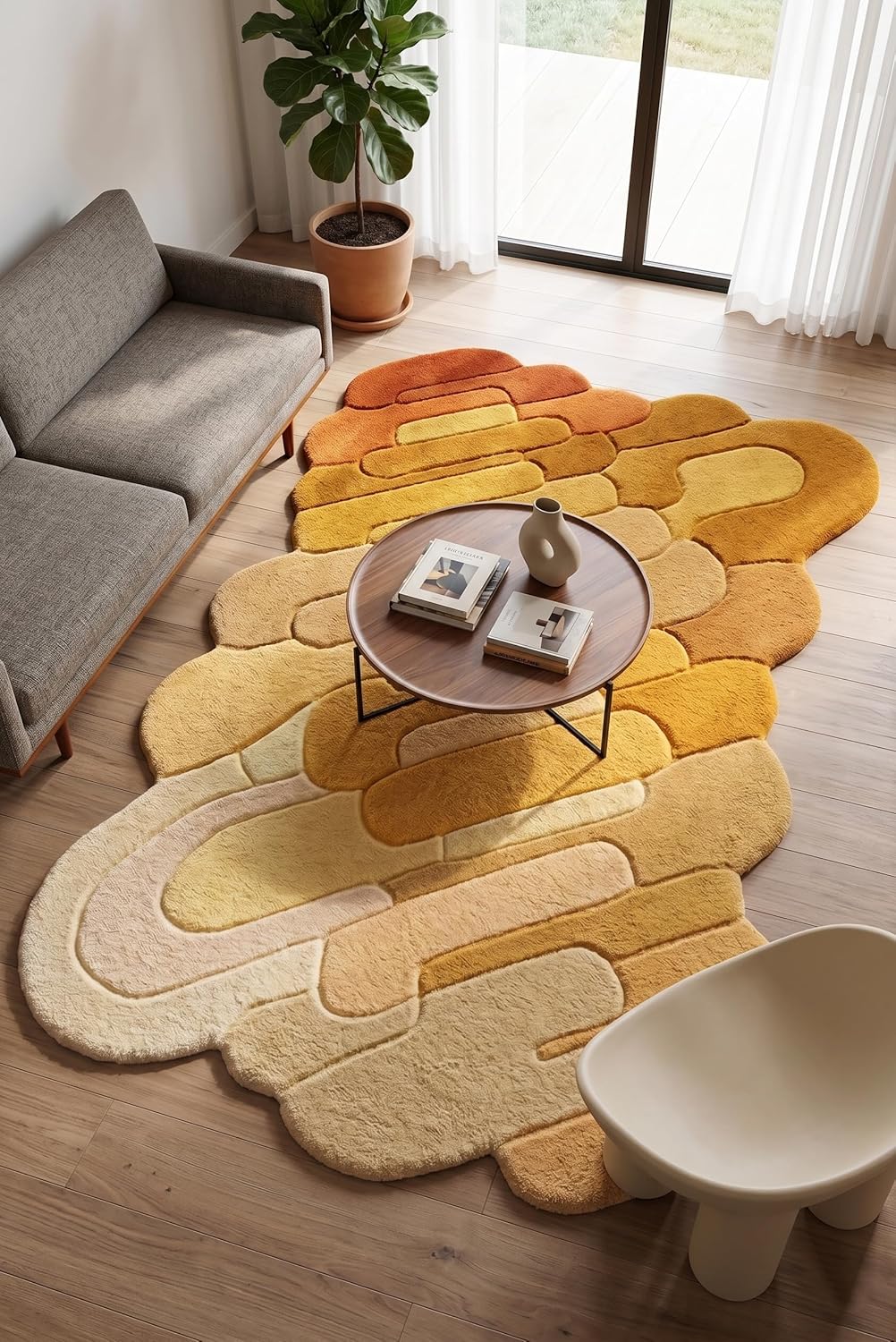 Hand Tufted Wool Rug, Abstract Organic Irregular Shape, Modern Gradient Design
