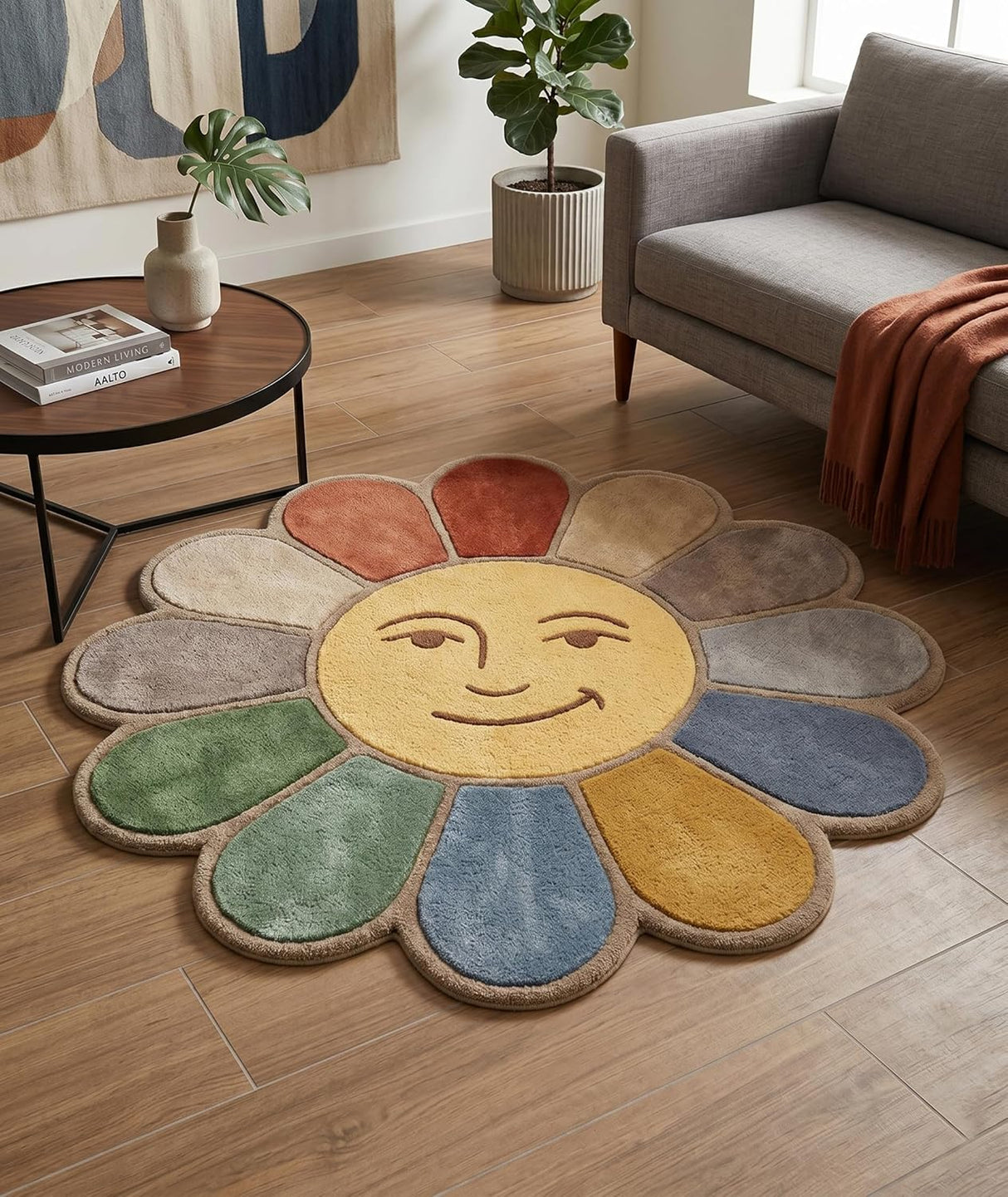 Hand Tufted Wool Area Rug Flower Shape Cartoon Face Design