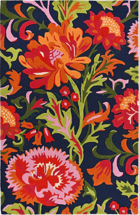 Handmade Vintage Floral Wool Area Rug in Navy - Non-Shedding Loop Craft Carpet