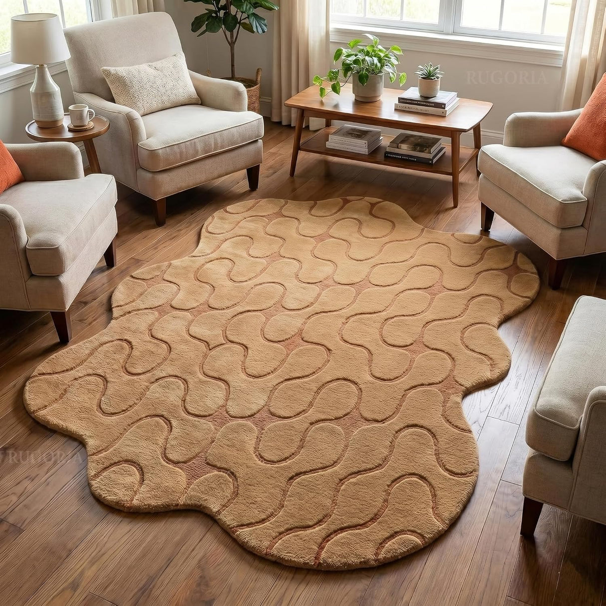 Hand-Tufted Abstract Wool Rug Wavy Pattern Irregular Organic Shape