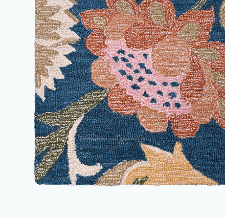 Handmade Vintage Floral Wool Area Rug in Navy - Non-Shedding Loop Craft Carpet