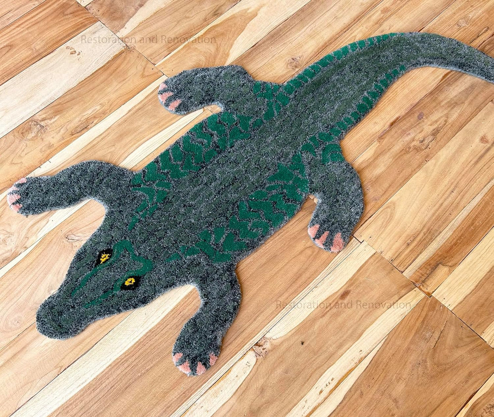 Handmade 100% Wool Area Rug with Realistic Crocodile-Inspired Animal Print Design