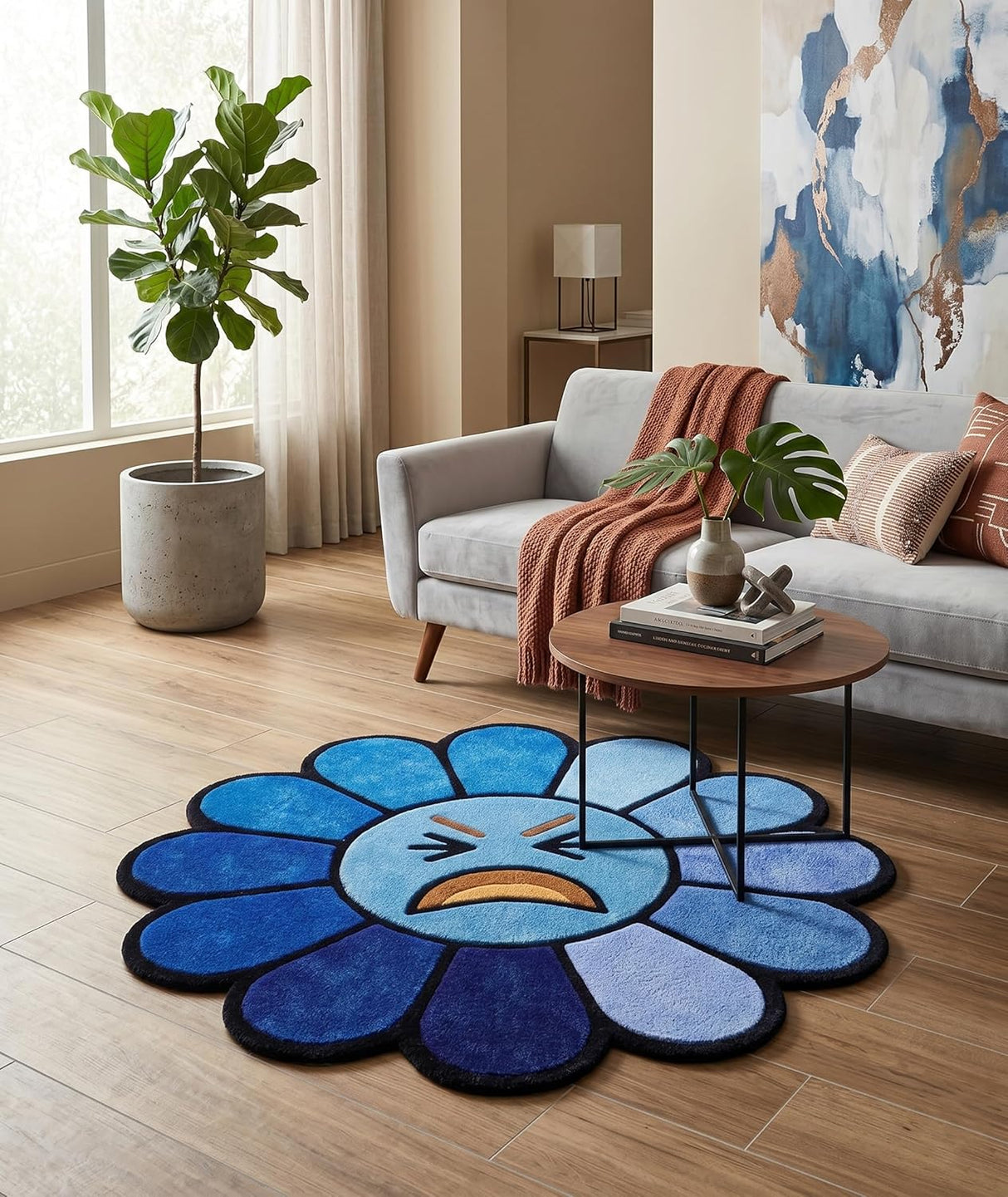 Hand Tufted Wool Area Rug Flower Shape Cartoon Face Design