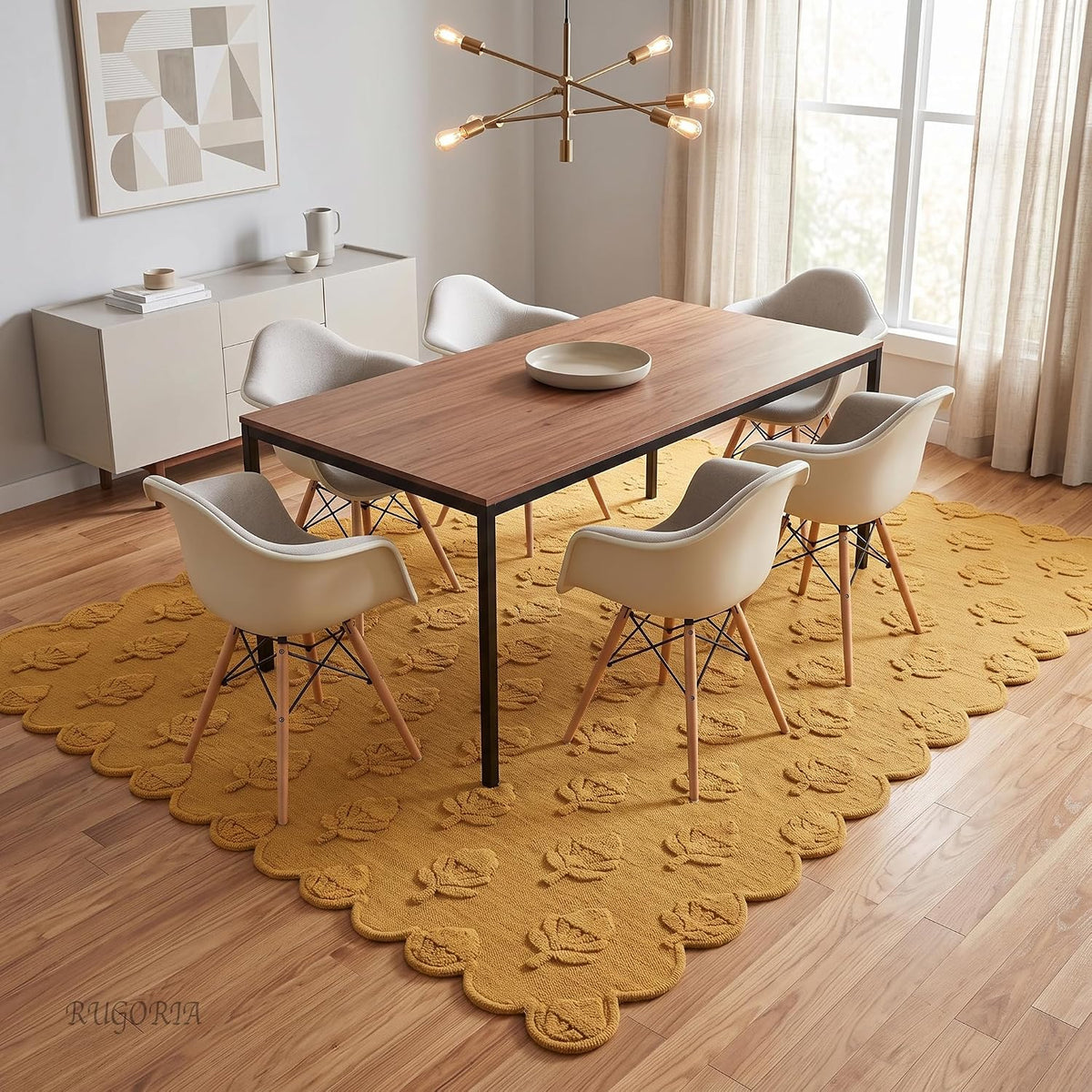 Hand Tufted Wool Rug, Floral Botanical Pattern with Scalloped