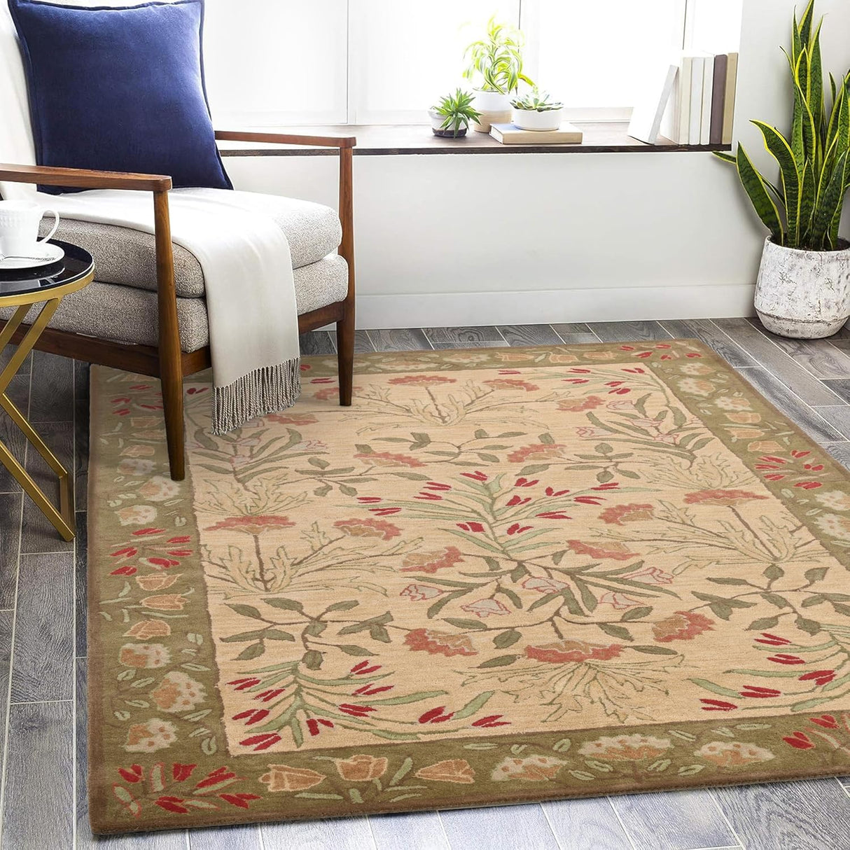 Hand-Tufted Adeline Wool Rug in Beige/Blue with Traditional Floral Tulip Design
