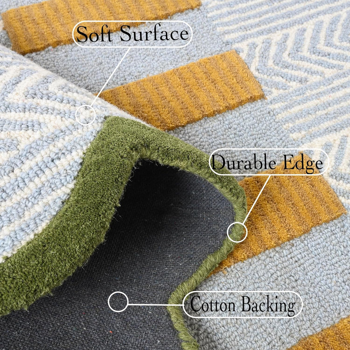 Handmade Scalloped Wool Area Rug - Modern Geometric Pattern & Green-Beige Stripes