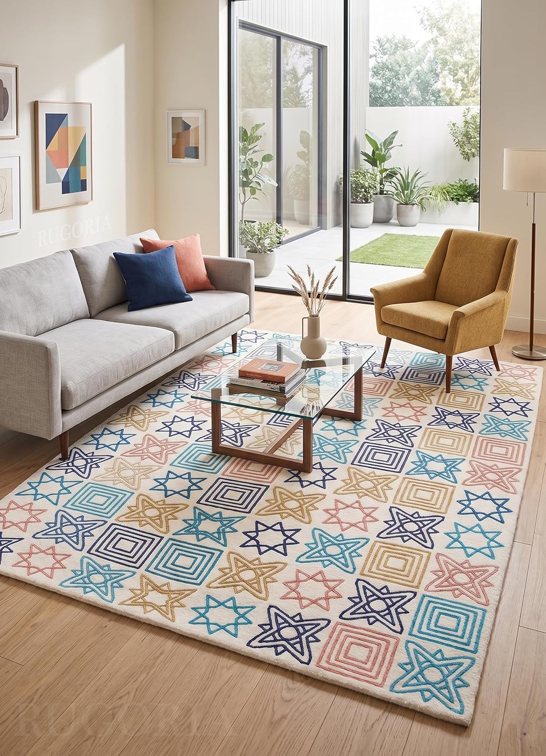 Modern Handmade Wool Rug, Colorful Geometric Star & Square Pattern