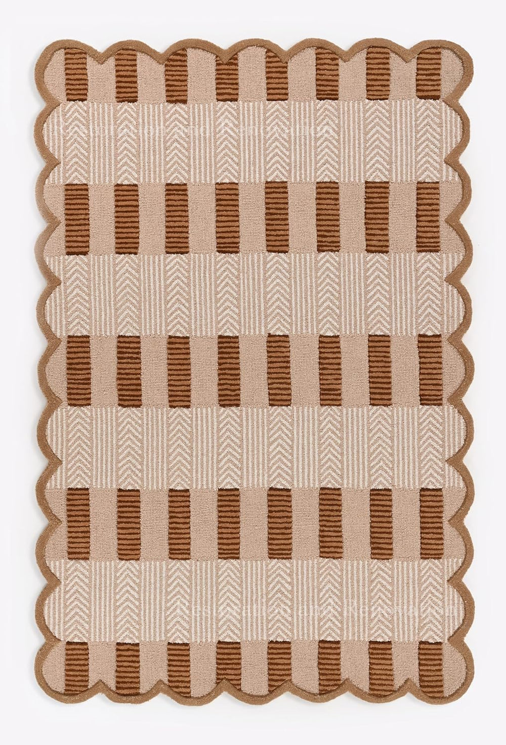 Handmade Scalloped Wool Area Rug - Modern Geometric Pattern & Green-Beige Stripes