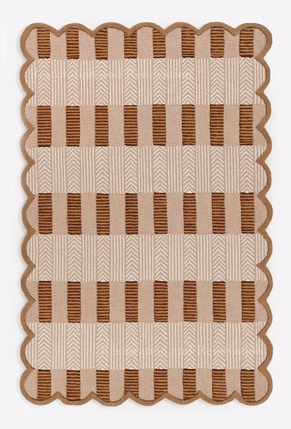 Handmade Scalloped Wool Area Rug - Modern Geometric Pattern & Green-Beige Stripes