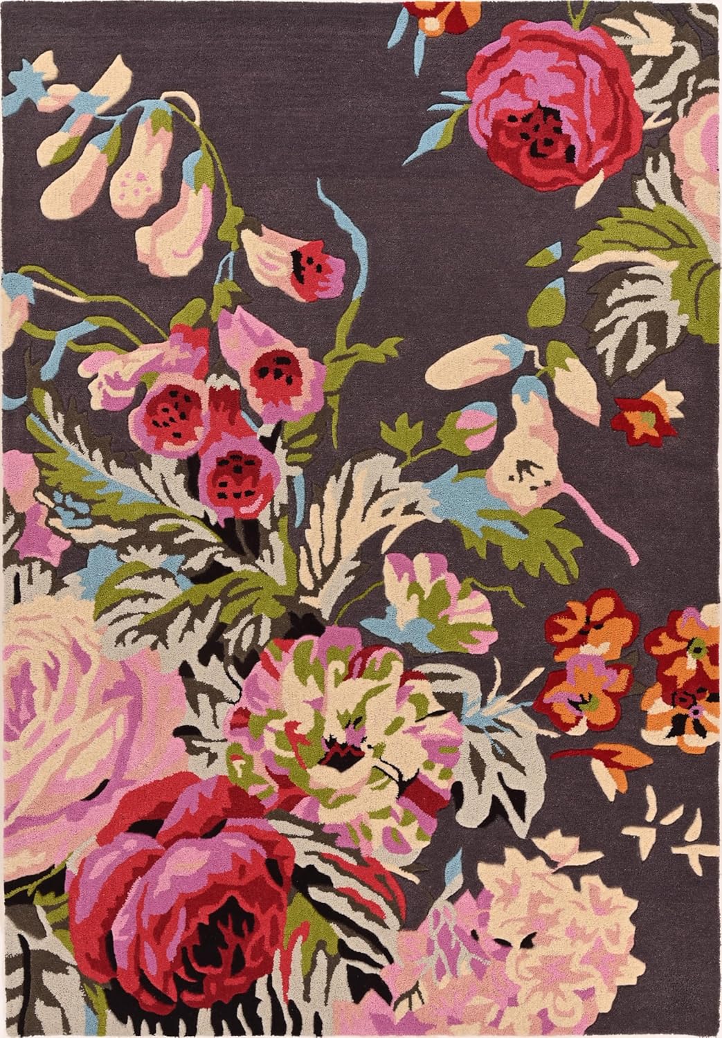 Sanderson Stapleton Park floral rug, dark background, vibrant flowers.