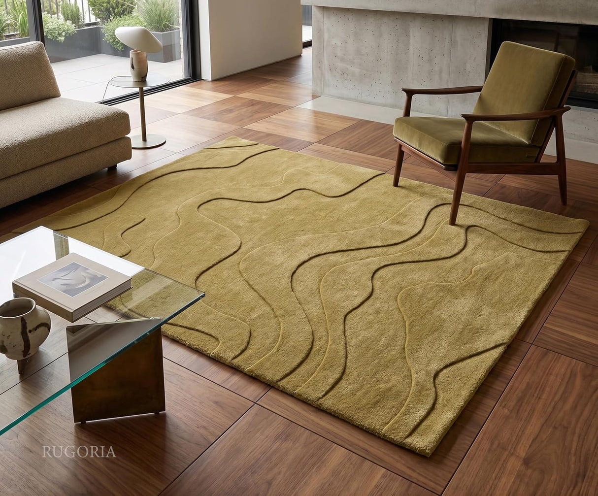 Modern Abstract Hand-Tufted Wool Area Rug Carved High-Low Pattern