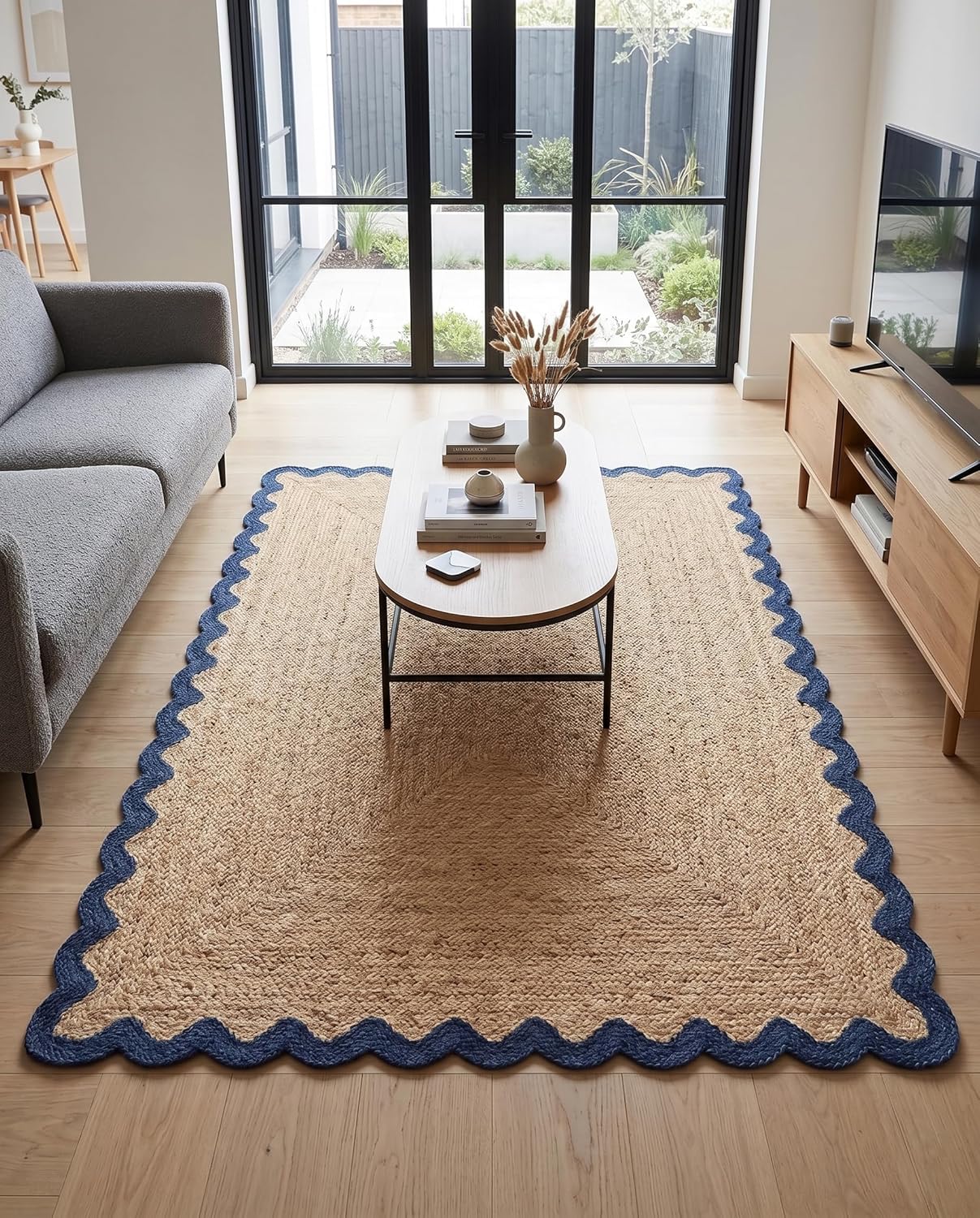 Handwoven Jute Rug with Scalloped Border, Natural Fiber Indoor Rug