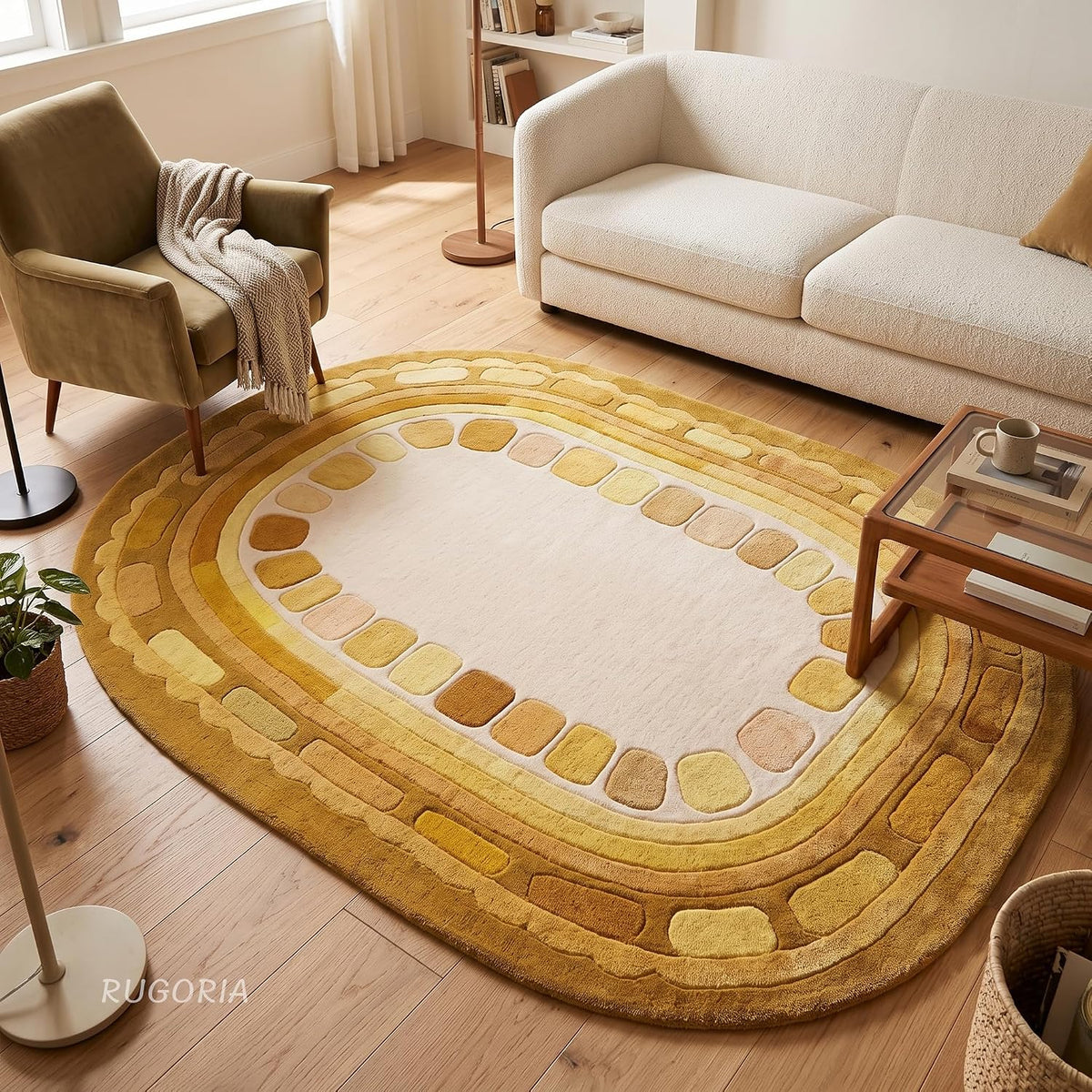 Hand Tufted Wool Rug, Rounded Rectangle Geometric Border Design,