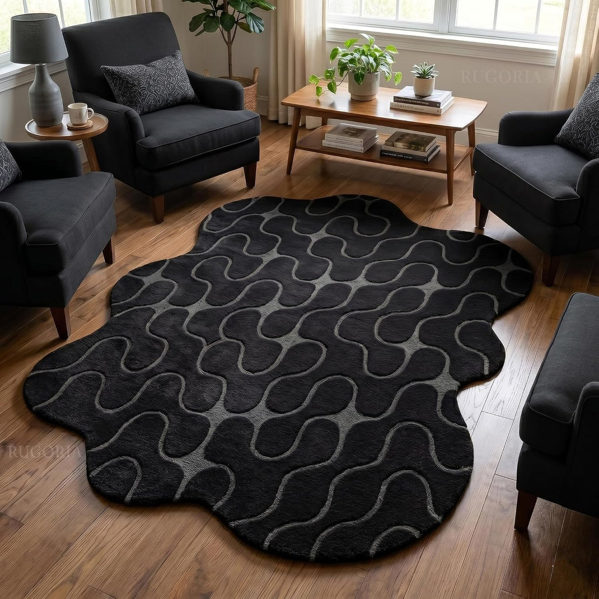 Hand-Tufted Abstract Wool Rug Wavy Pattern Irregular Organic Shape