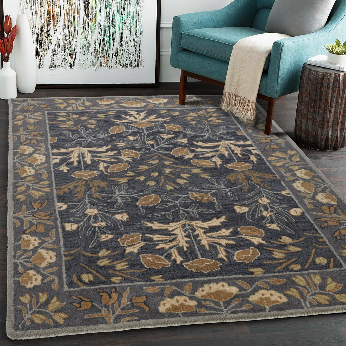 Hand-Tufted Adeline Wool Rug in Beige/Blue with Traditional Floral Tulip Design
