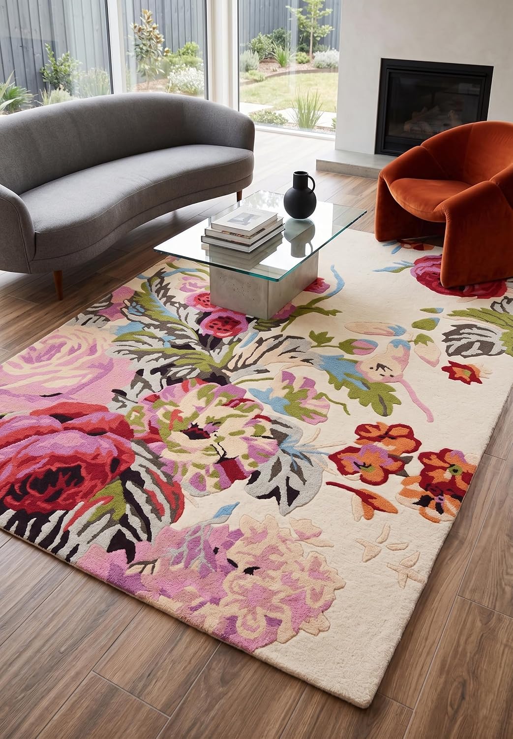 Modern Rose Floral Wool Rug | Colorful Garden Flower Design Carpet