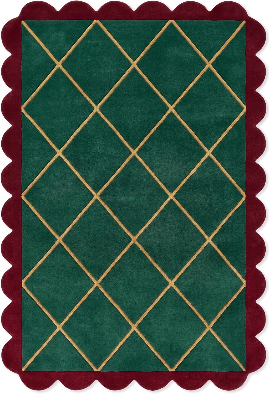 Modern Hand Tufted Wool Rug, Scalloped Border, Geometric Diamond Pattern,