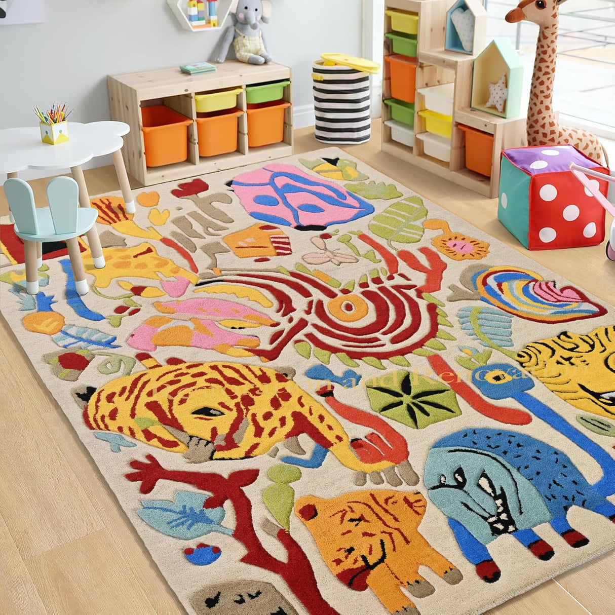 Handmade Artistic Animal Wool Area Rug – Colorful Kids’ Room & Nursery Carpet – Soft Plush Tufted Jungle Theme Rugs