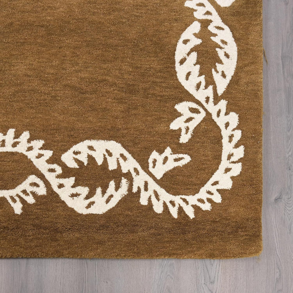 Hand-Tufted Wool Rug - Intricate White Vine Border Carpet