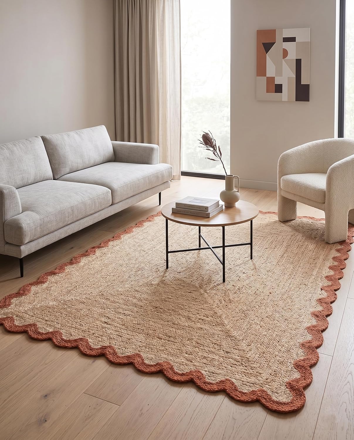 Handwoven Jute Rug with Scalloped Border, Natural Fiber Indoor Rug