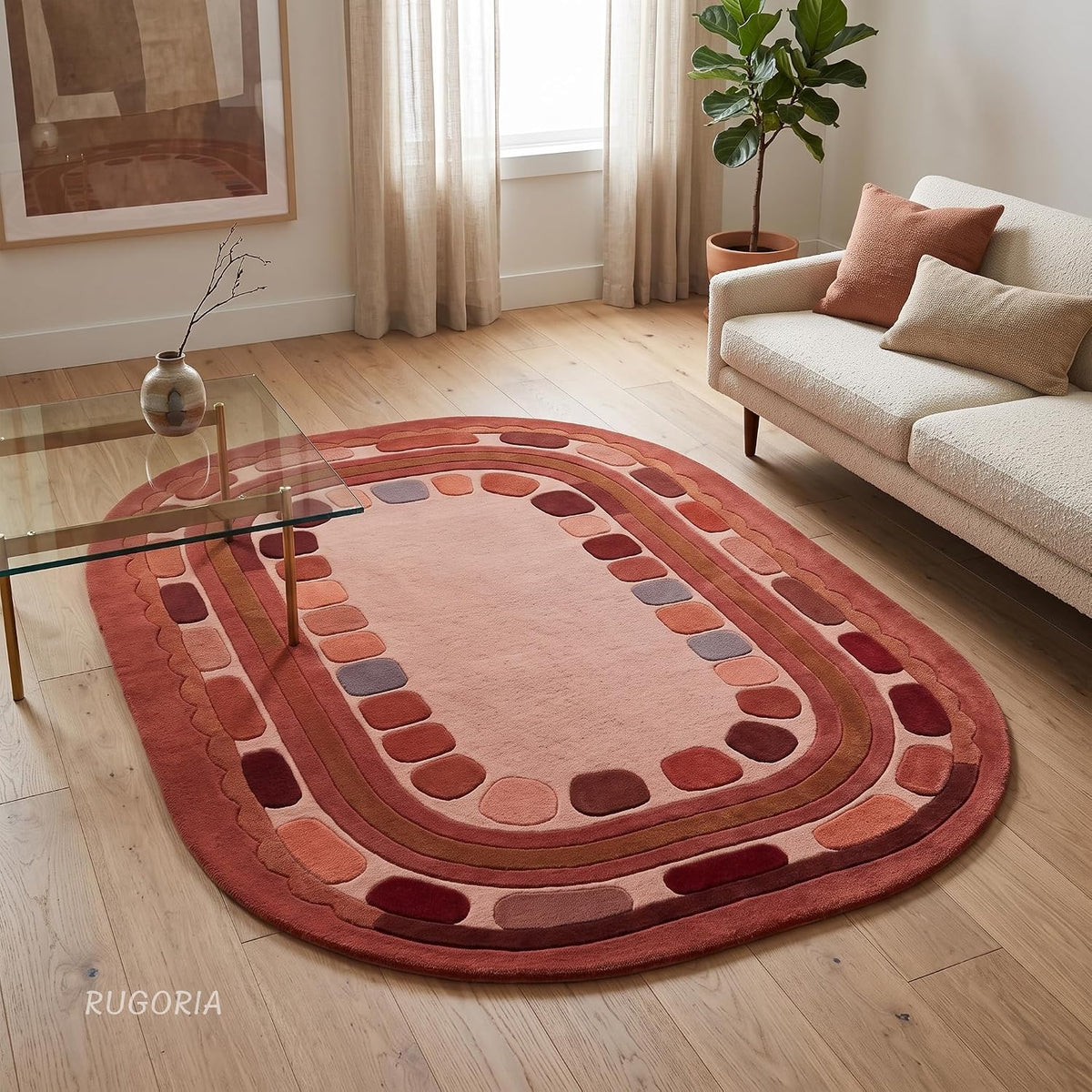 Hand Tufted Wool Rug, Rounded Rectangle Geometric Border Design,