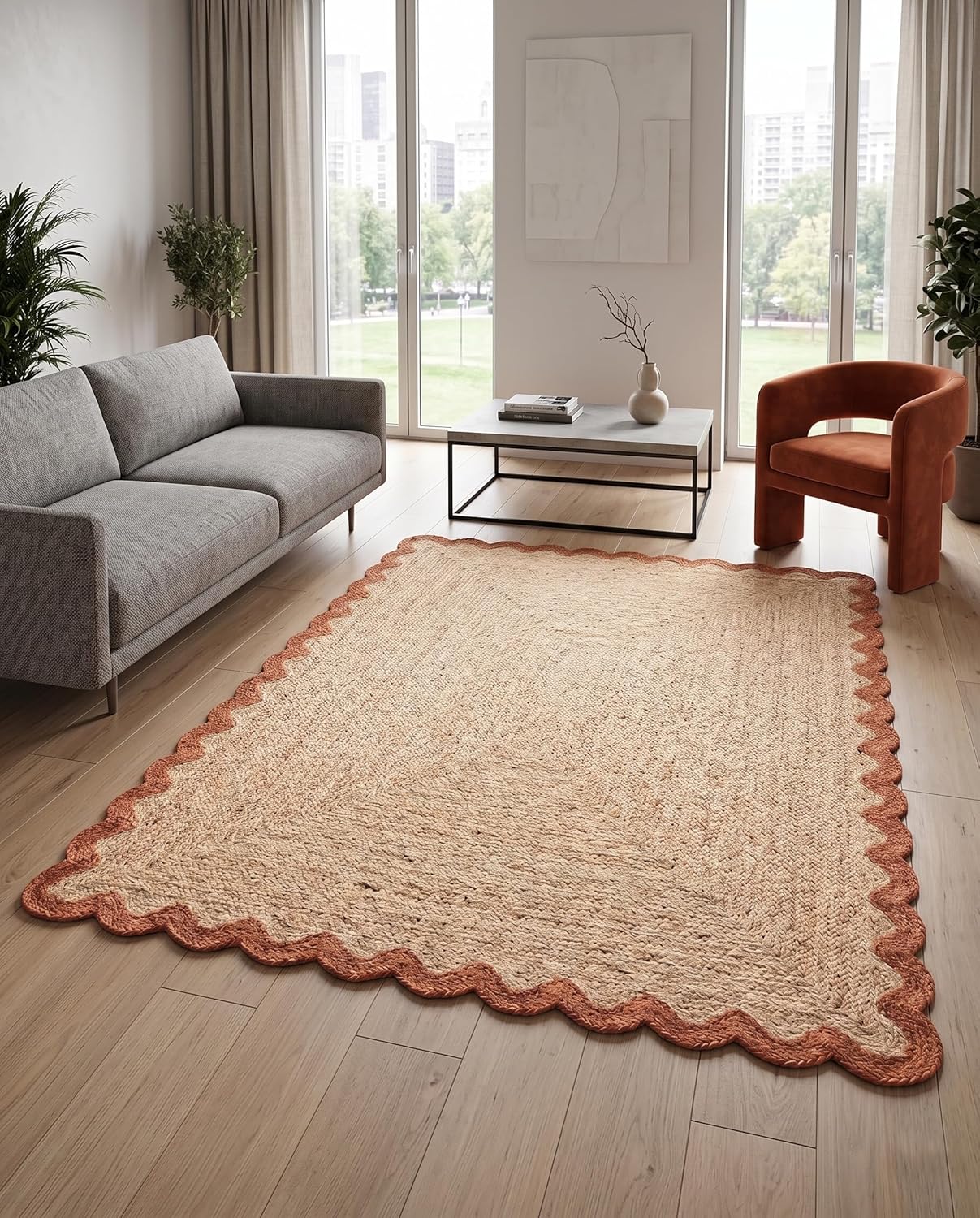 Handwoven Jute Rug with Scalloped Border, Natural Fiber Indoor Rug