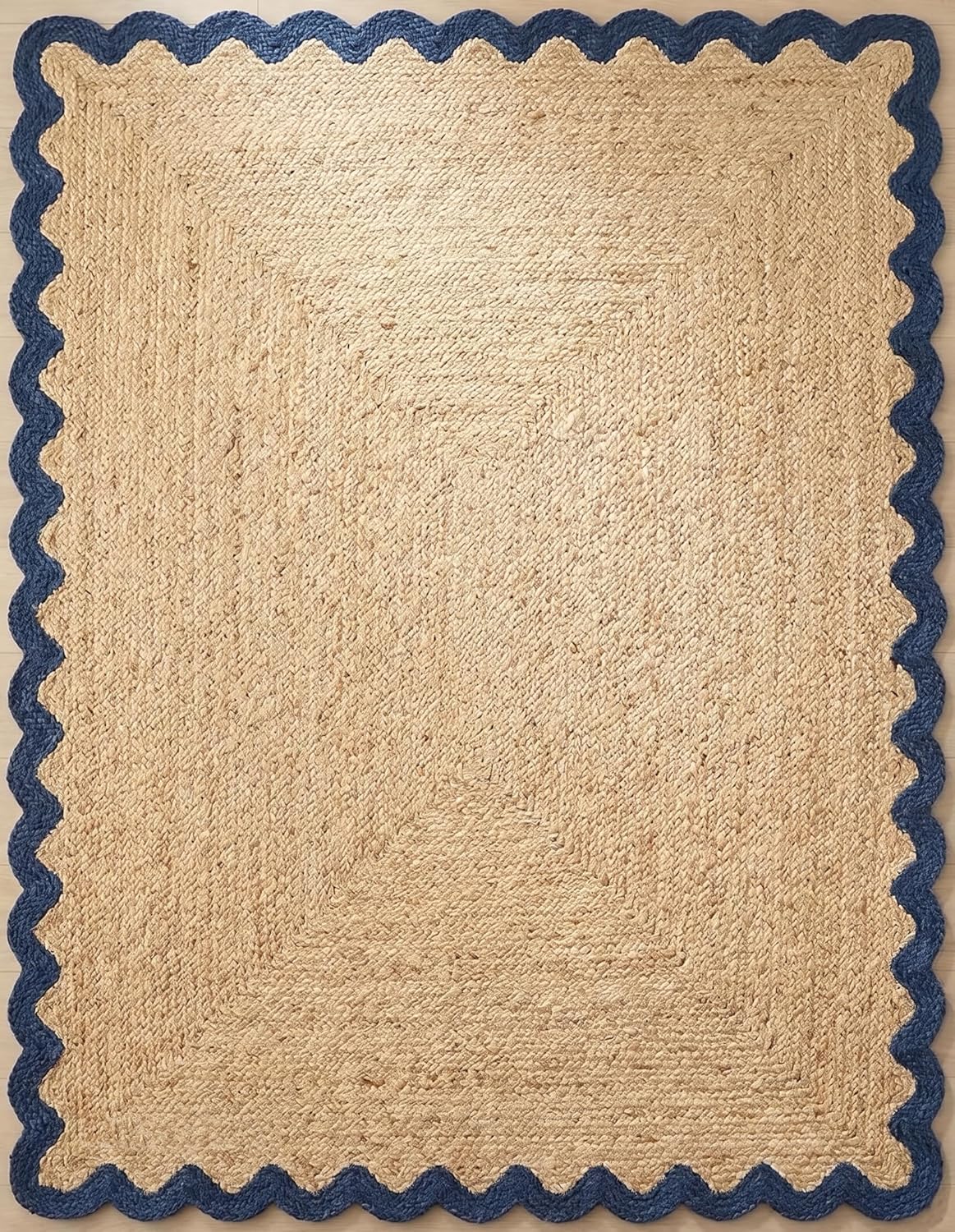 Handwoven Jute Rug with Scalloped Border, Natural Fiber Indoor Rug