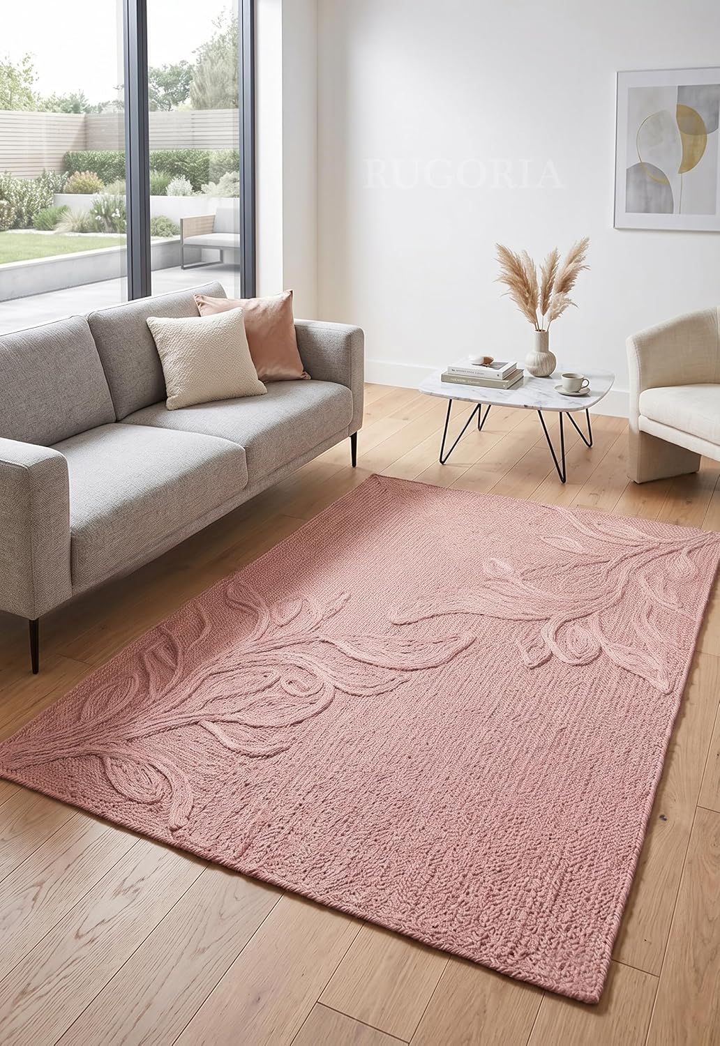 Handwoven Jute Rug with Textured Floral Border Design, Natural Fiber Rug