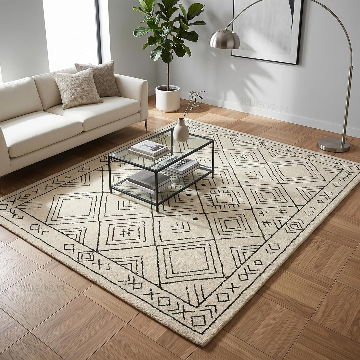 Modern Handmade Wool Rug, Ivory Black Diamond Geometric Design Carpet