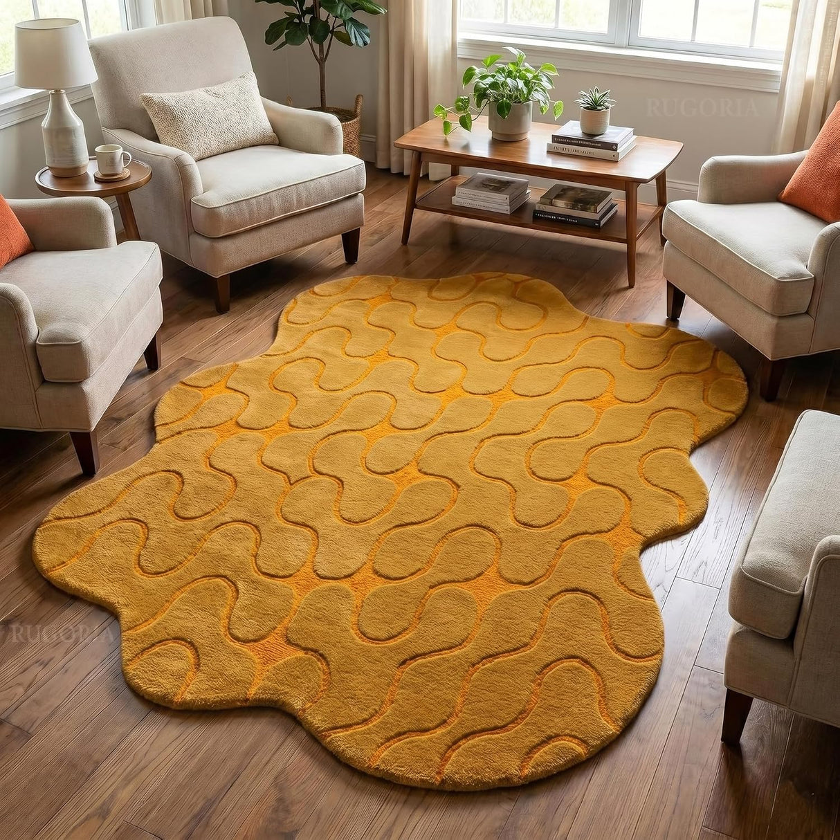 Hand-Tufted Abstract Wool Rug Wavy Pattern Irregular Organic Shape