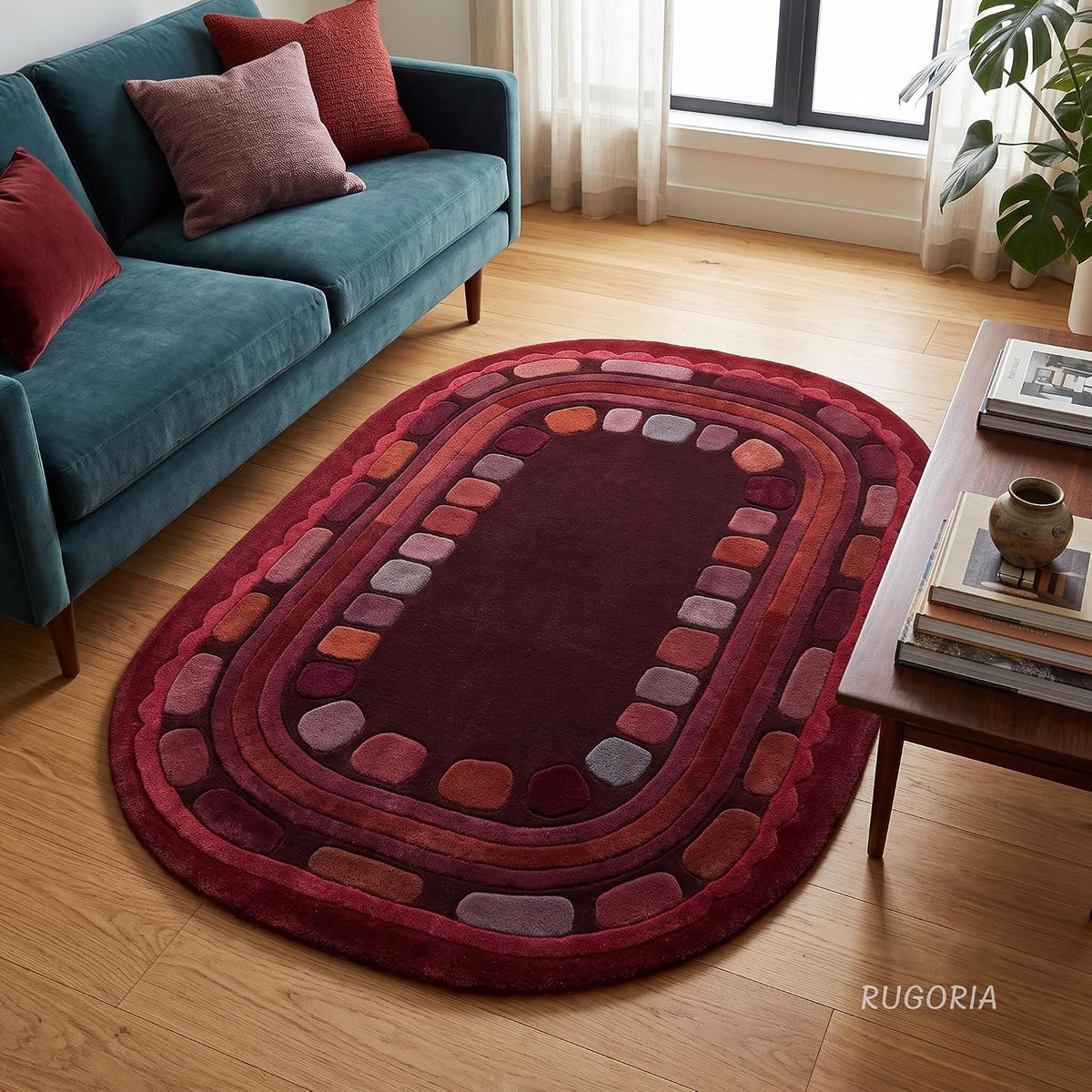 Hand Tufted Wool Rug, Rounded Rectangle Geometric Border Design,