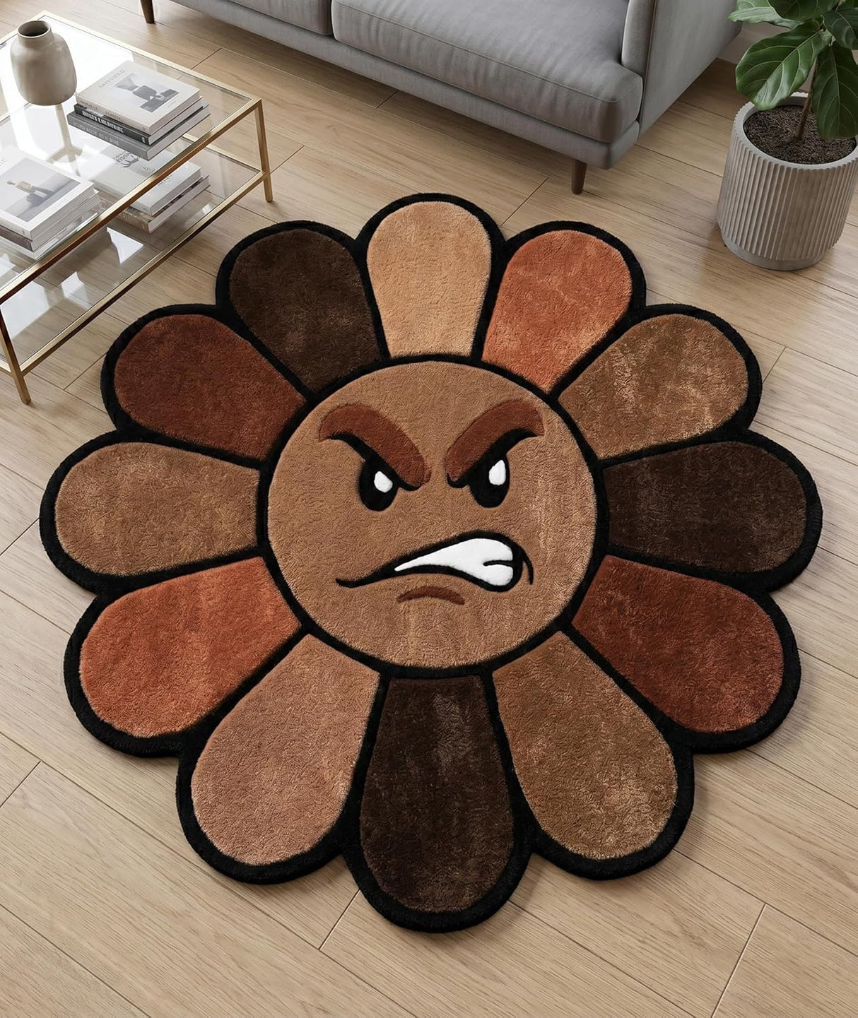 Hand Tufted Wool Area Rug Flower Shape Cartoon Face Design