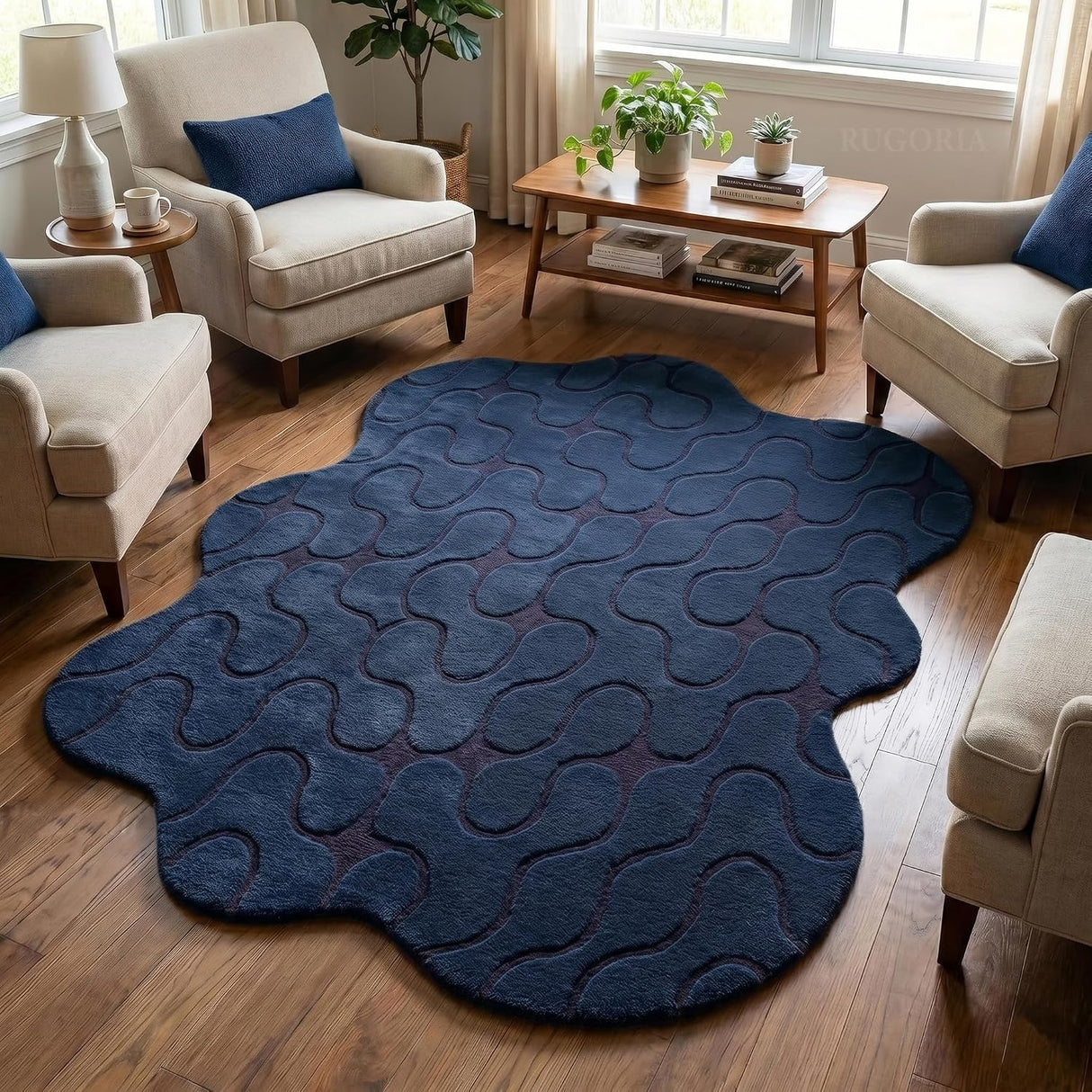 Hand-Tufted Abstract Wool Rug Wavy Pattern Irregular Organic Shape