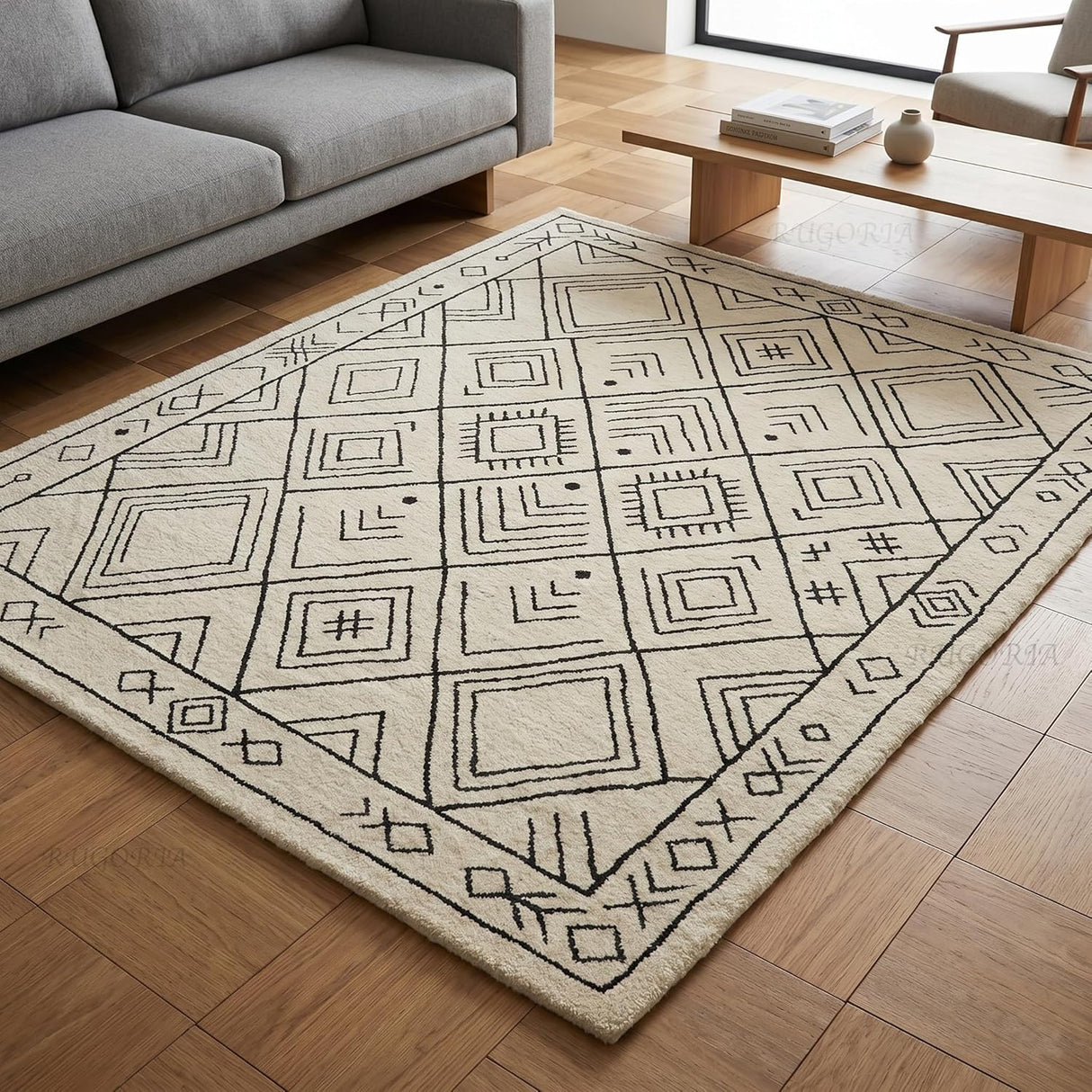Modern Handmade Wool Rug, Ivory Black Diamond Geometric Design Carpet
