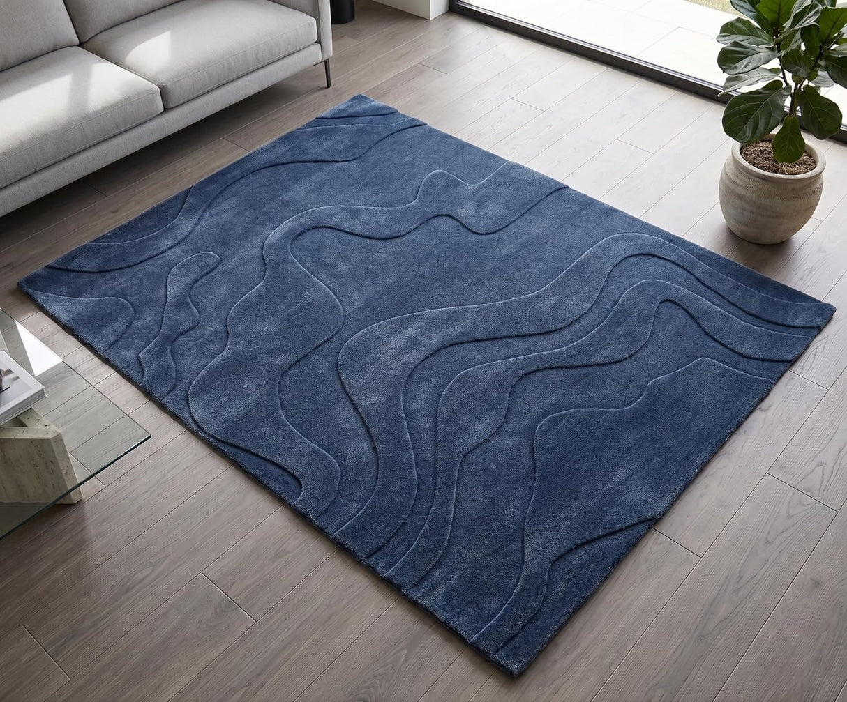 Modern Abstract Hand-Tufted Wool Area Rug Carved High-Low Pattern