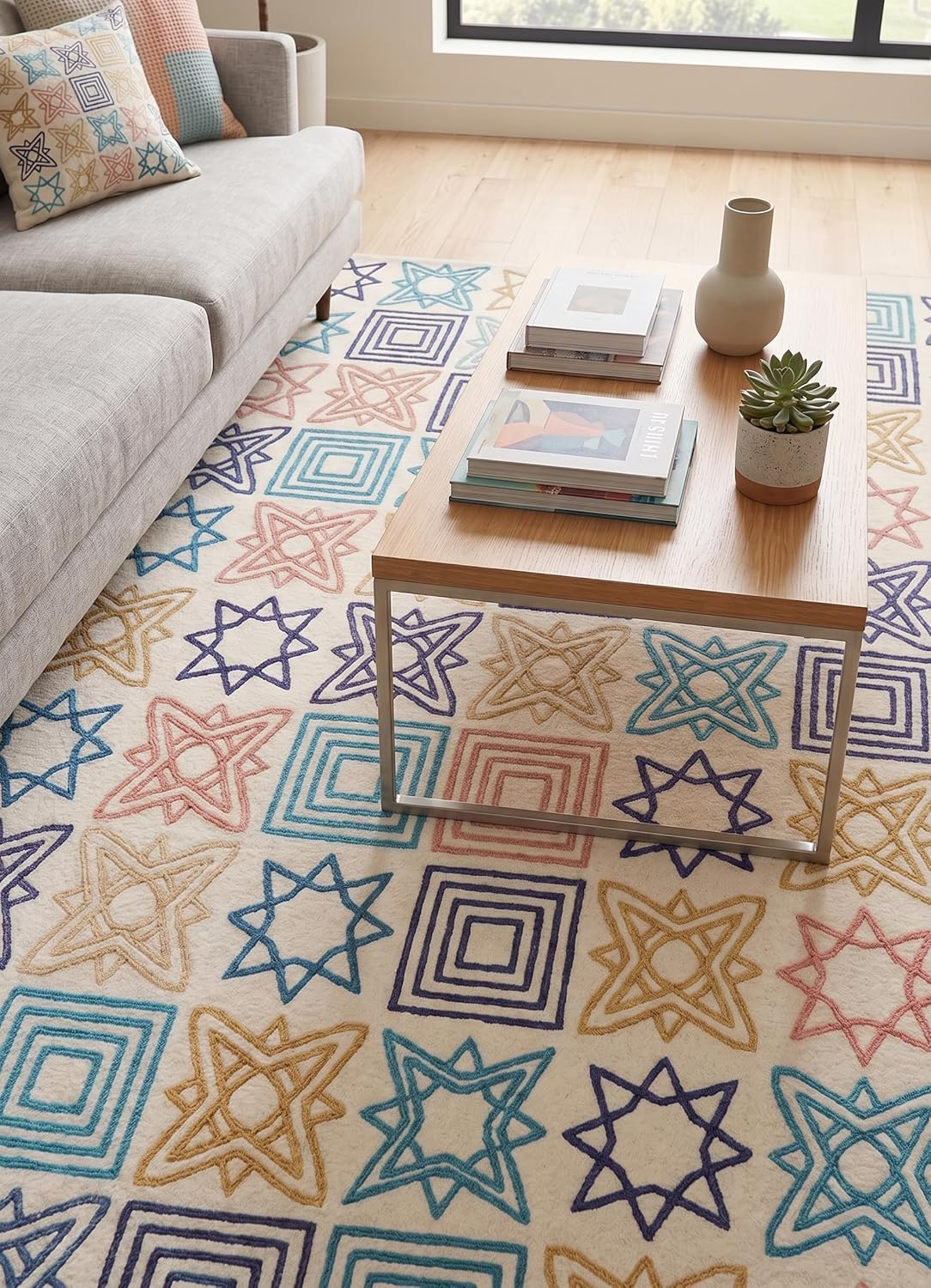 Modern Handmade Wool Rug, Colorful Geometric Star & Square Pattern