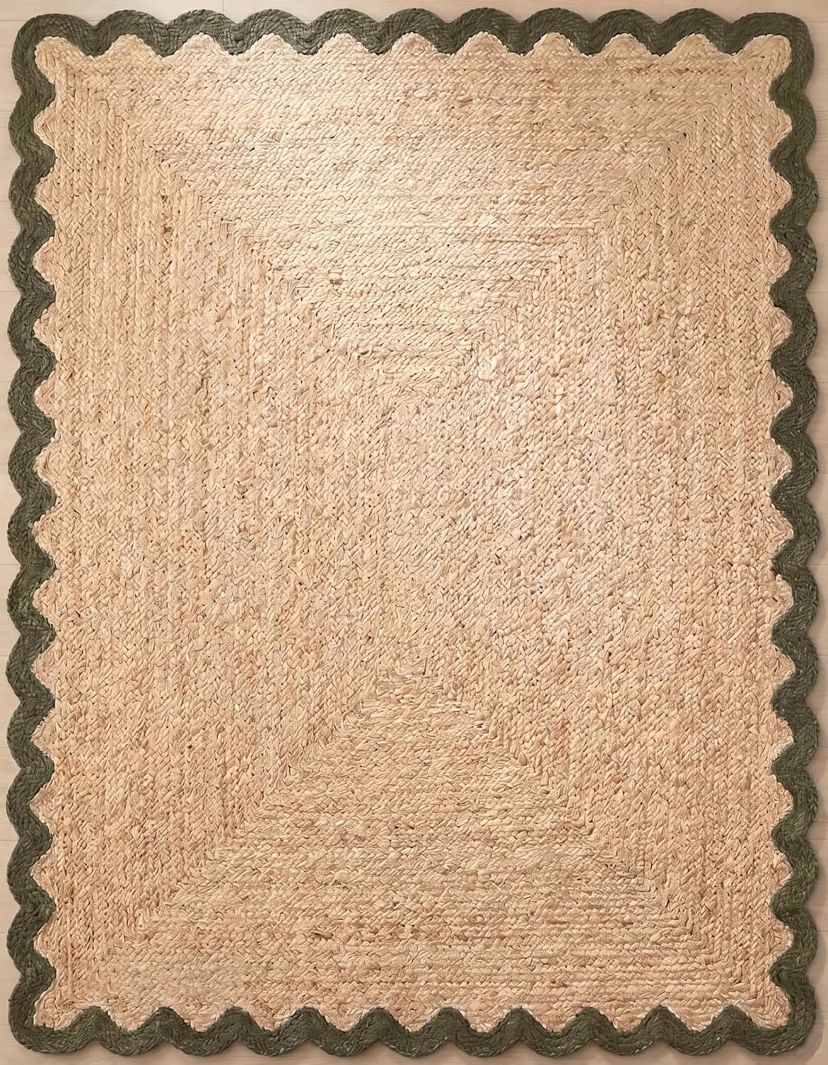 Handwoven Jute Rug with Scalloped Border, Natural Fiber Indoor Rug