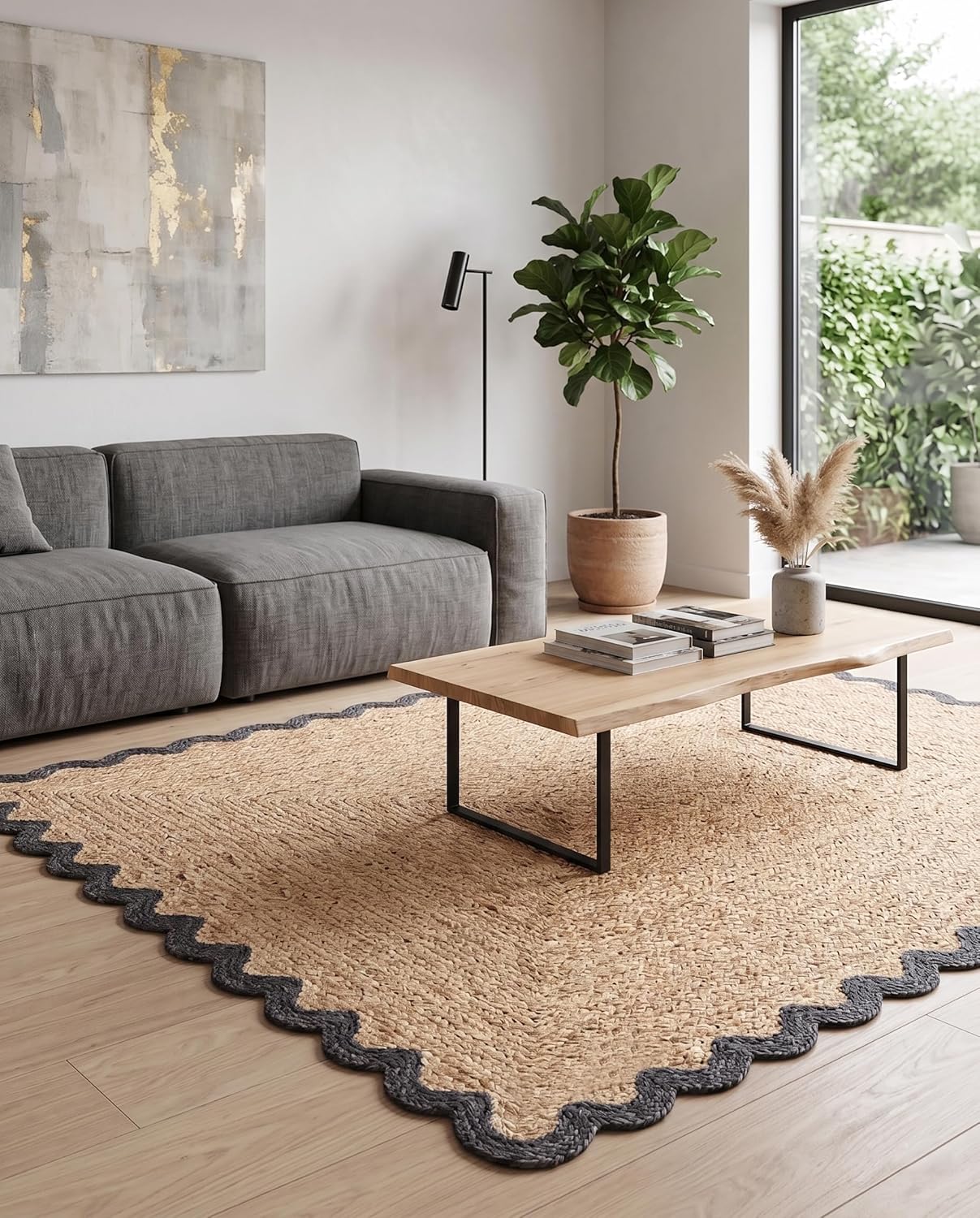 Handwoven Jute Rug with Scalloped Border, Natural Fiber Indoor Rug