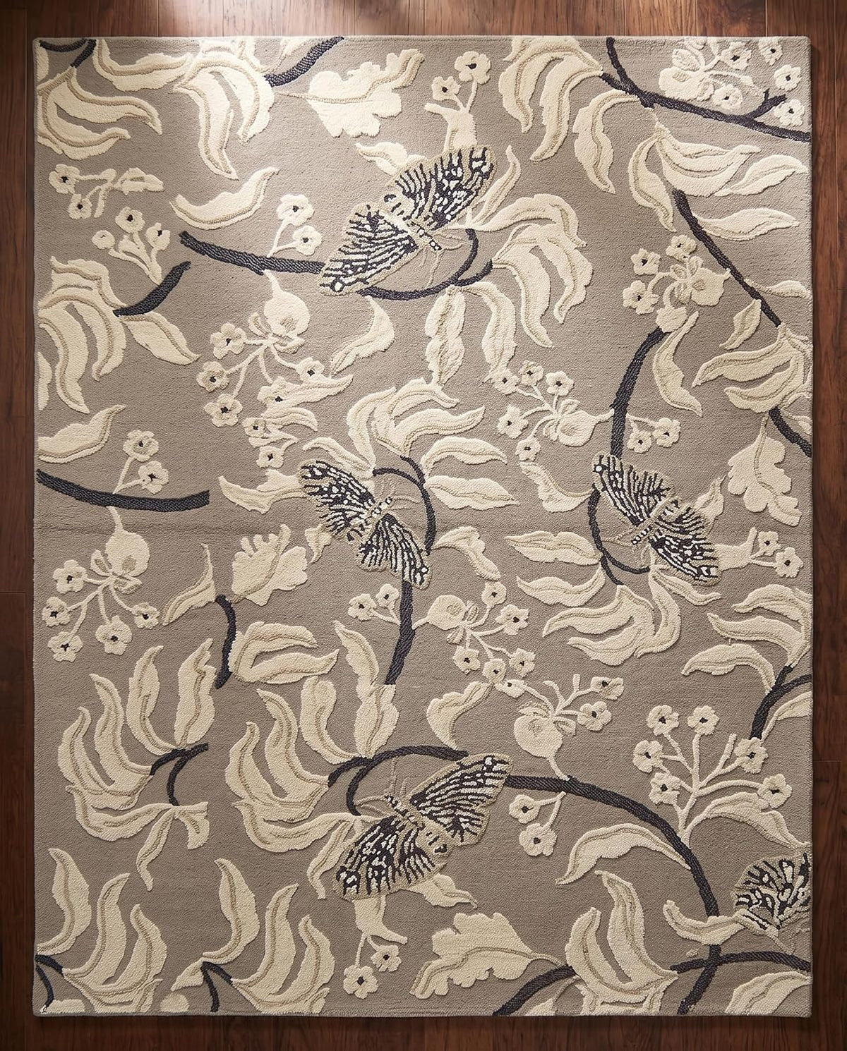 Hand Tufted Wool Rug, Floral Butterfly Botanical Pattern
