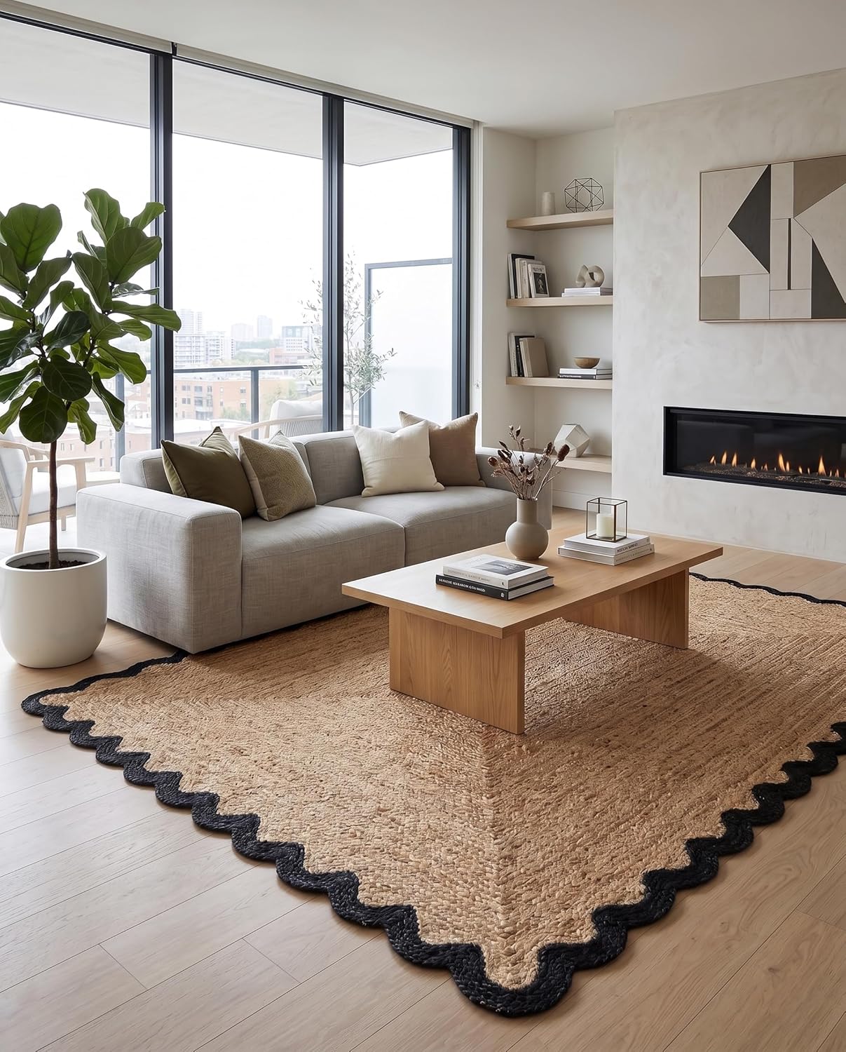 Handwoven Jute Rug with Scalloped Border, Natural Fiber Indoor Rug