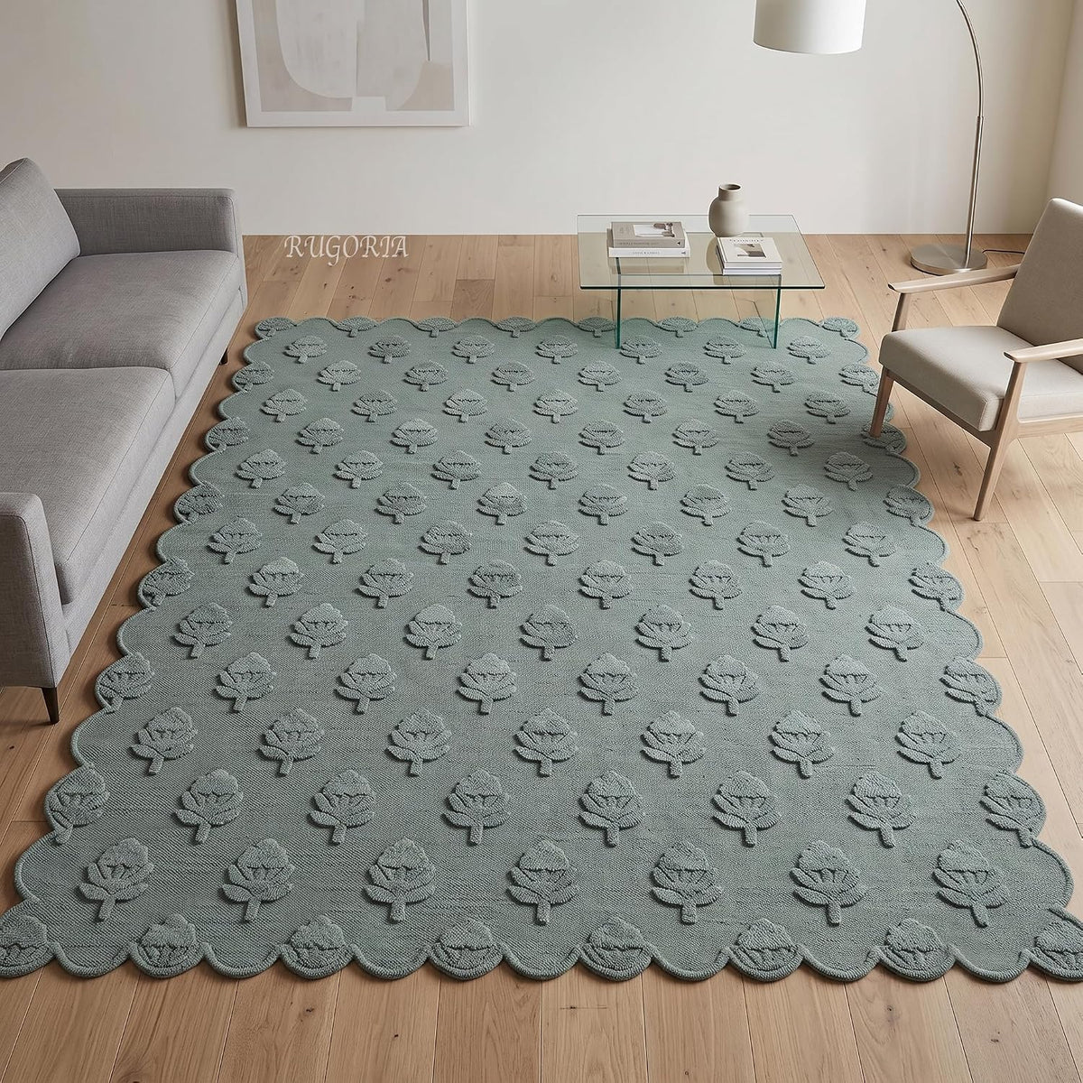 Hand Tufted Wool Rug, Floral Botanical Pattern with Scalloped