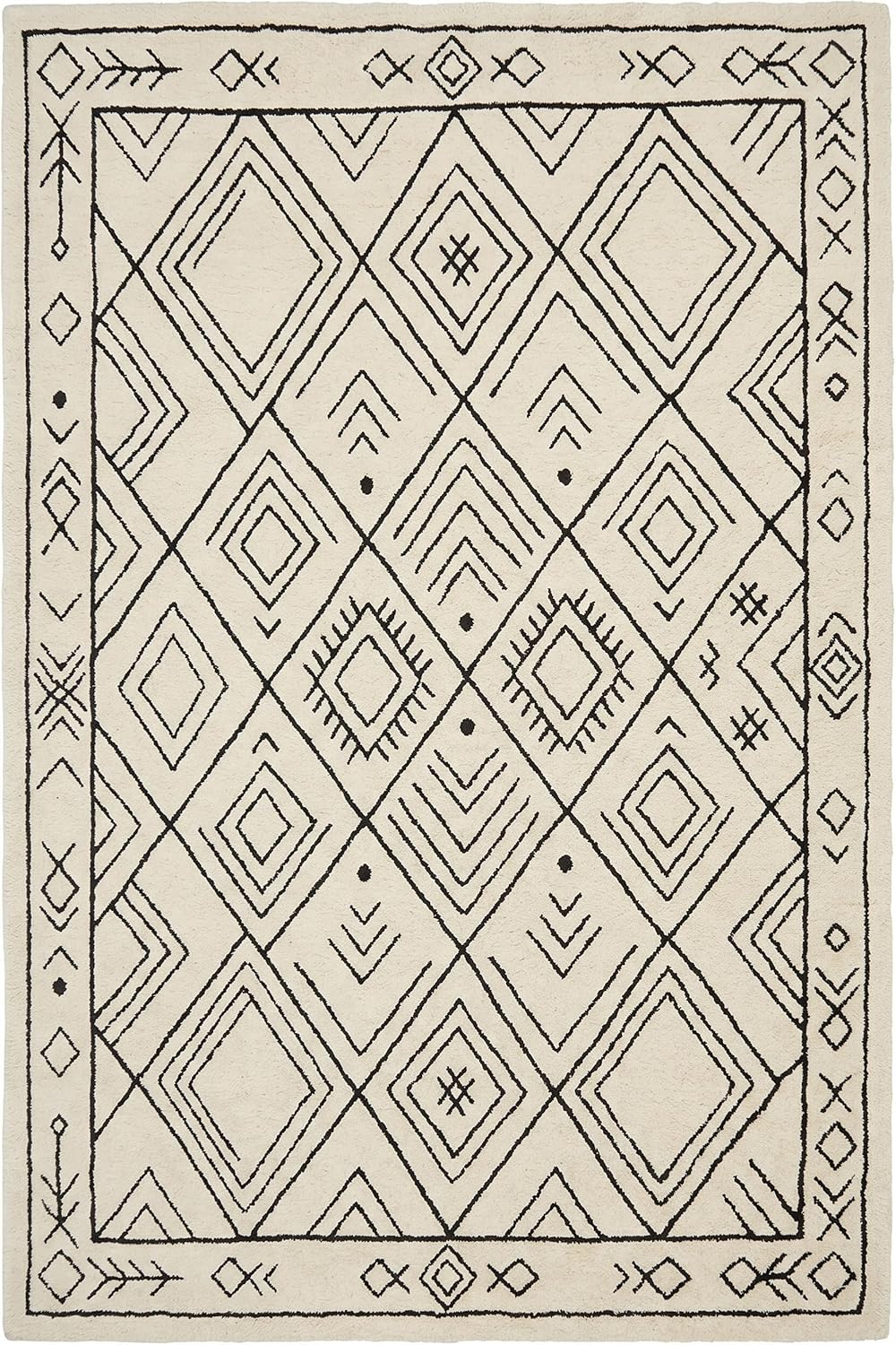 Modern Handmade Wool Rug, Ivory Black Diamond Geometric Design Carpet