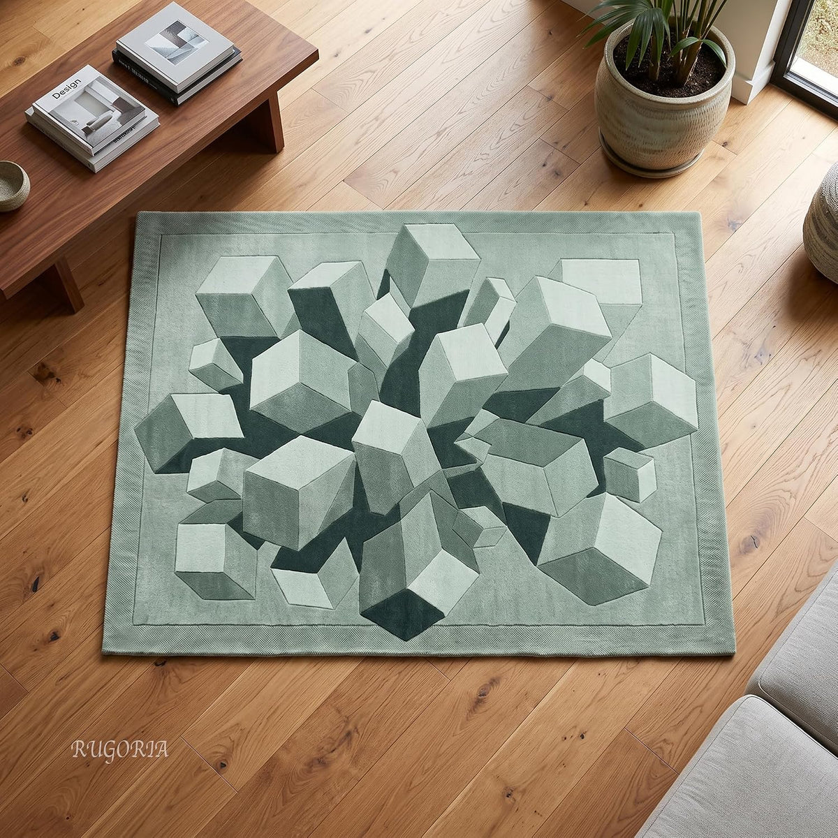 Hand-Tufted Wool Area Rug, 3D Cube Design