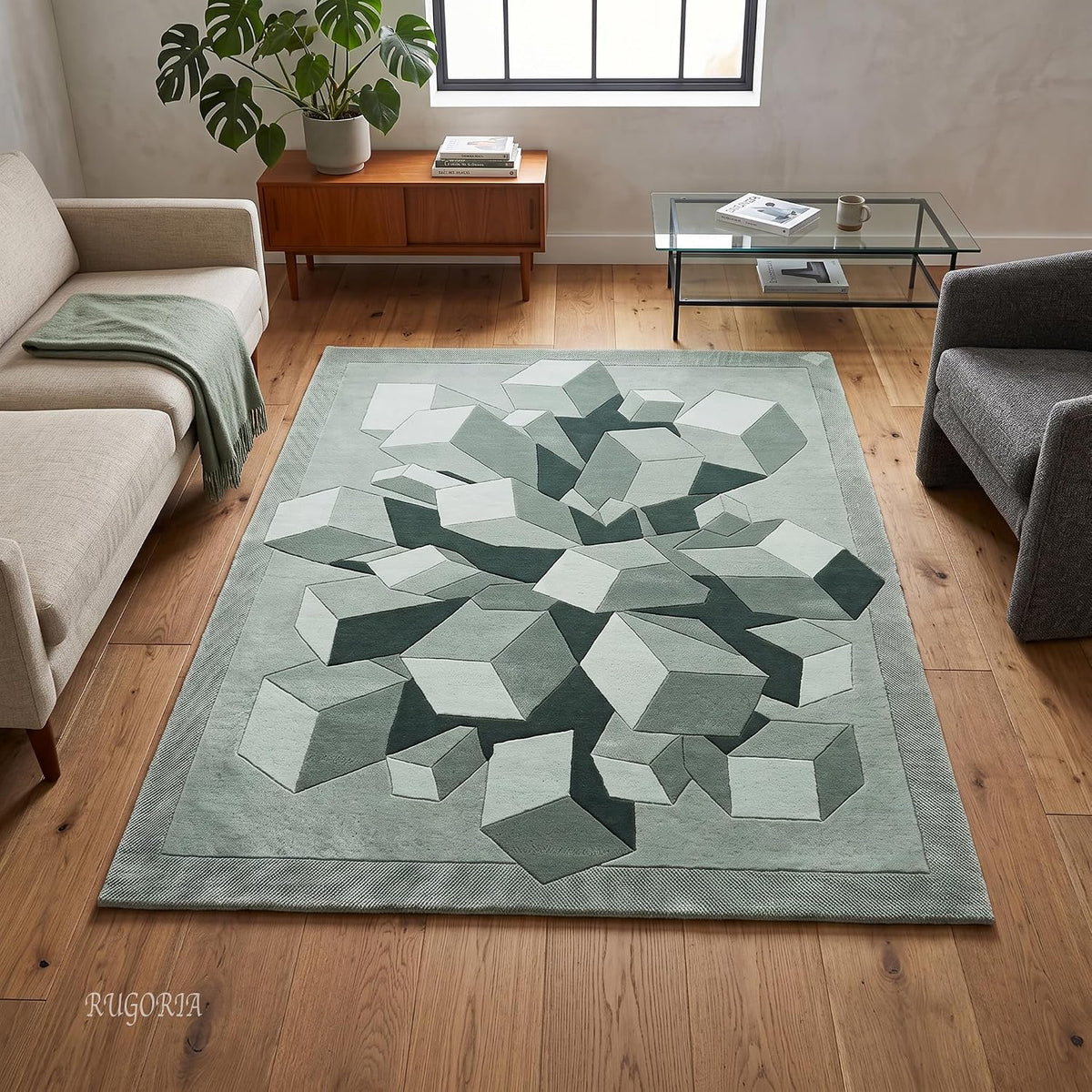 Hand-Tufted Wool Area Rug, 3D Cube Design