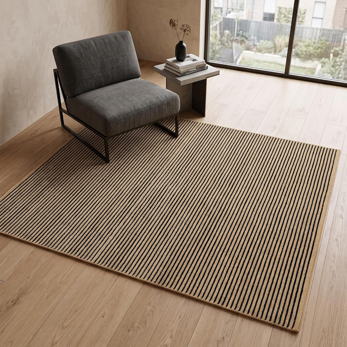 Modern Hand Tufted Wool Rug, Thin Striped Pattern, Soft Wool Carpet