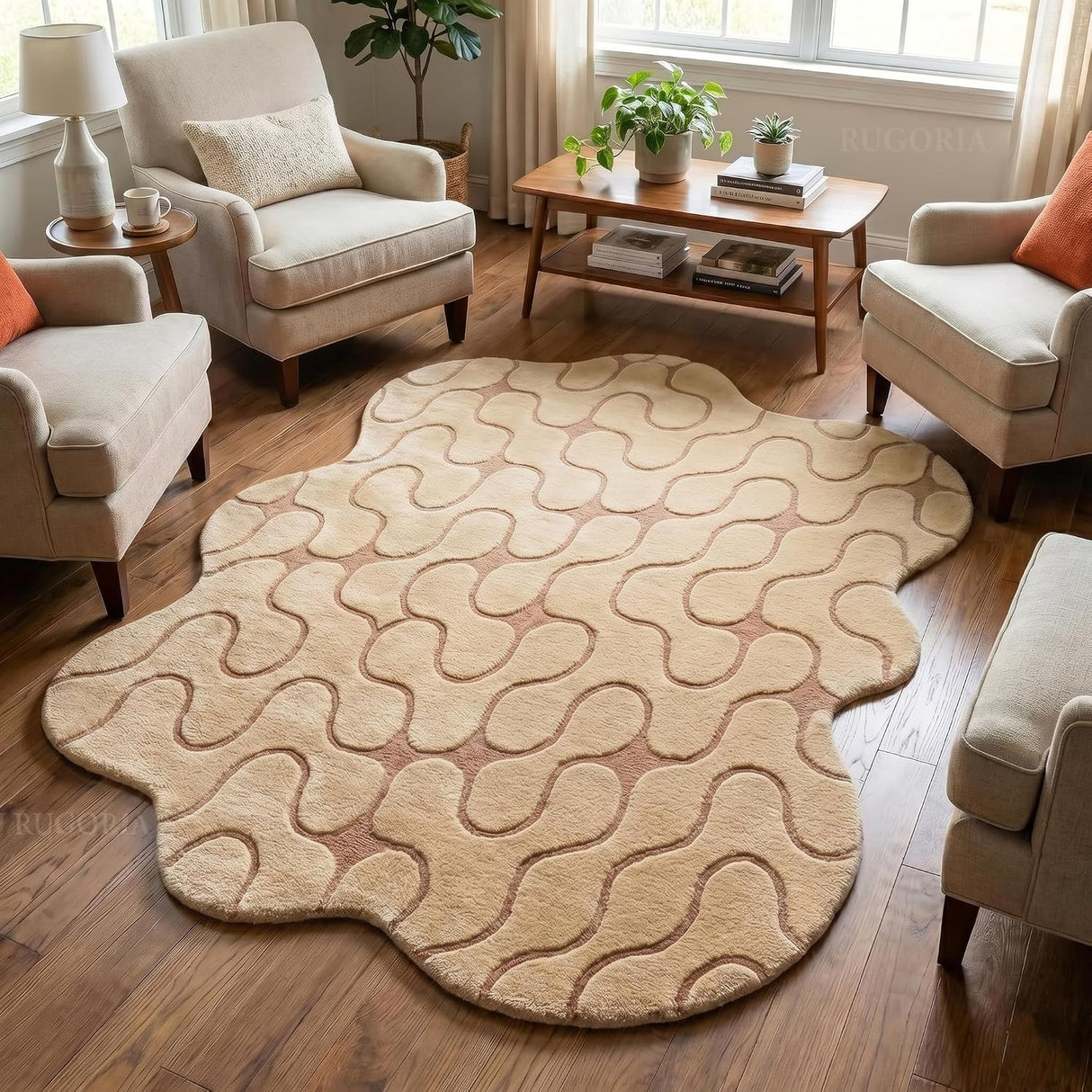 Hand-Tufted Abstract Wool Rug Wavy Pattern Irregular Organic Shape