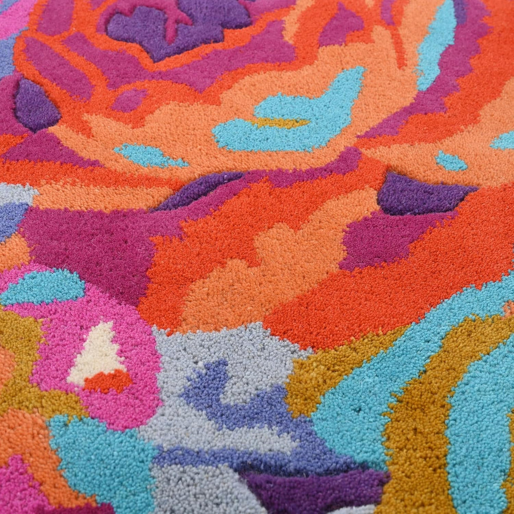 Modern Rose Floral Wool Rug | Colorful Garden Flower Design Carpet